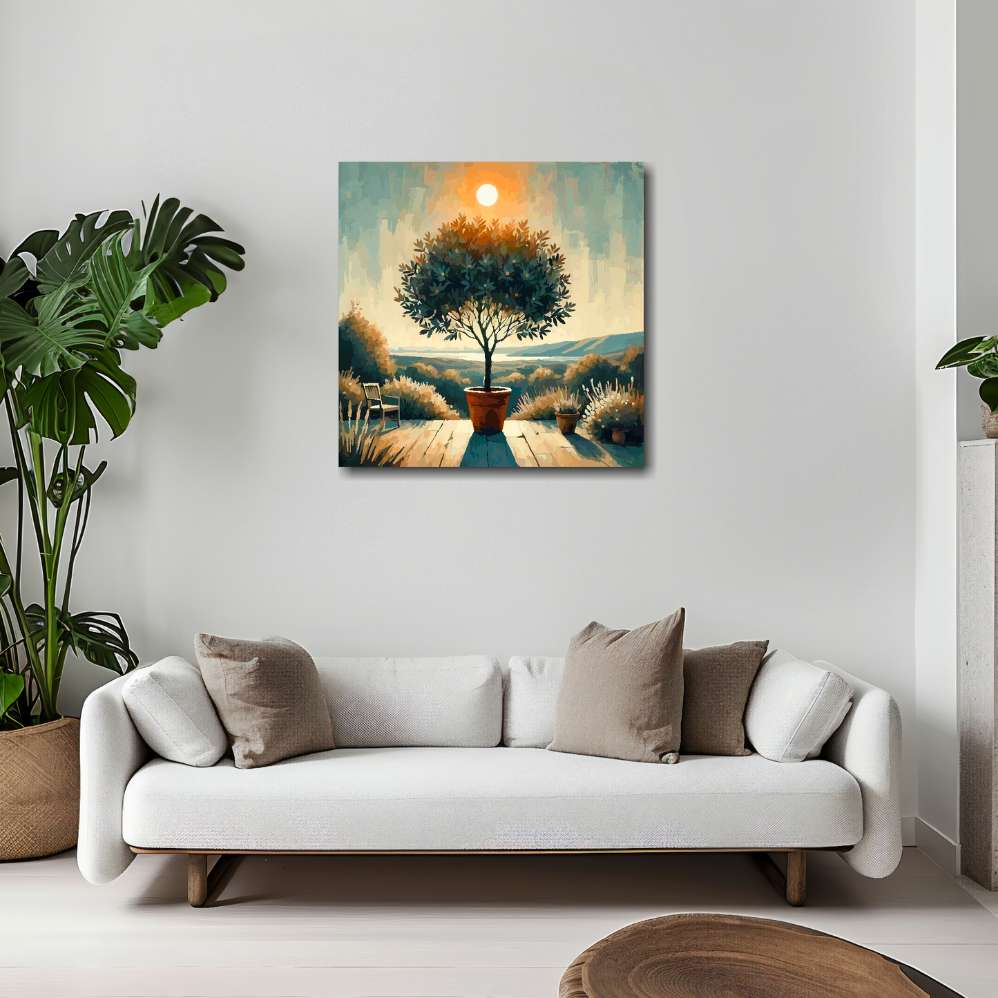 20 inch by 20 inch square canvas featuring a Bay Tree. Mounted on a white wall above a white sofa with decorative pillows.