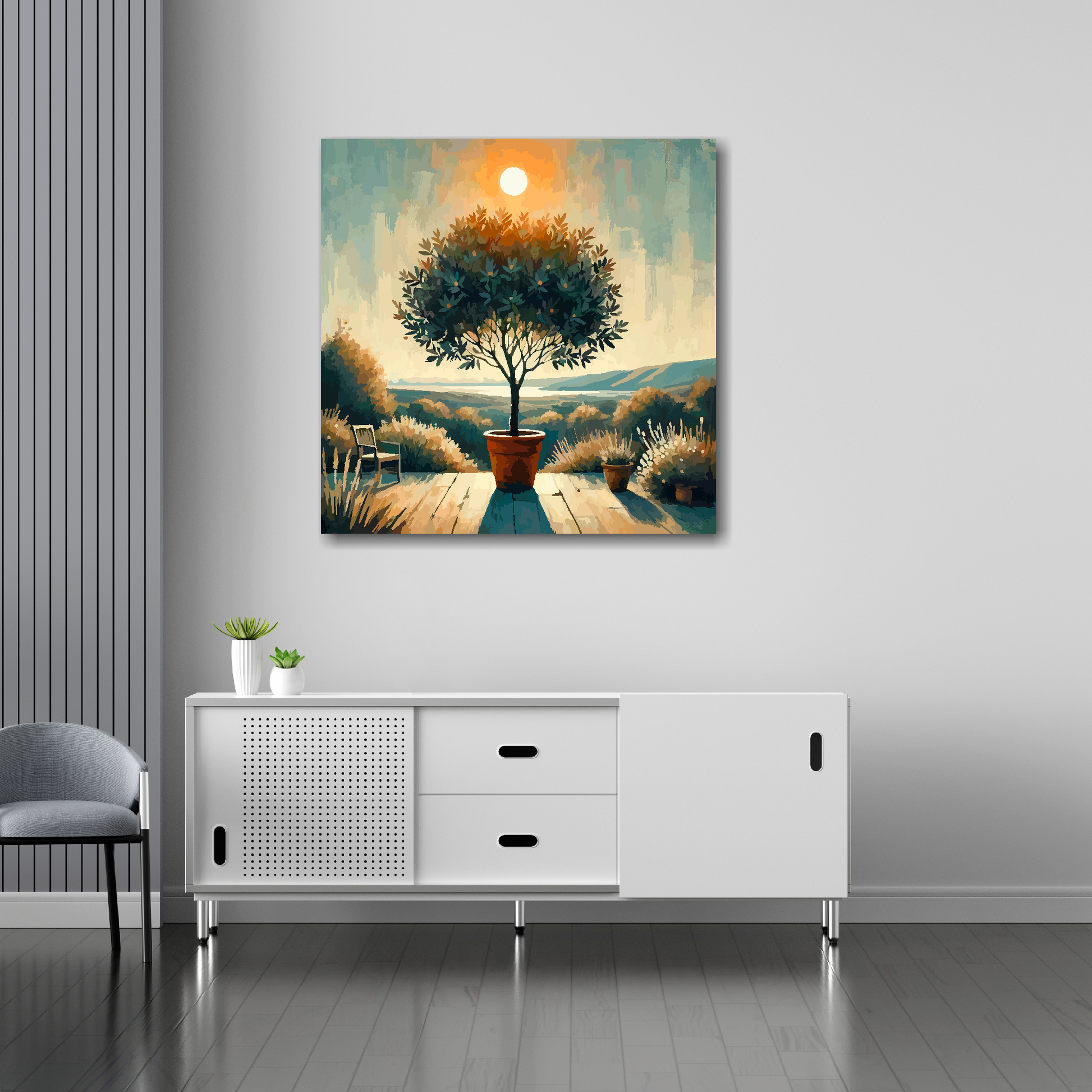 30 inch by 30 inch square canvas featuring a Bay Tree. Mounted on a white wall above a white sideboard.