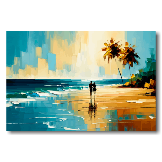 Painting of a couple walking on a beach with palm trees.