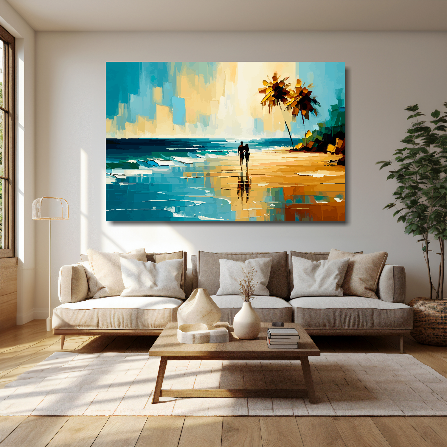 60 inch by 40 inch abstract canvas print of a couple walking on an deserted beach. Mounted on a cream wall above a cream sofa with decorative pillows.