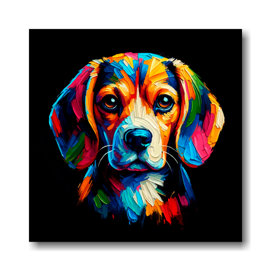 Colourful painting of a Beagle dog's face on a black background.