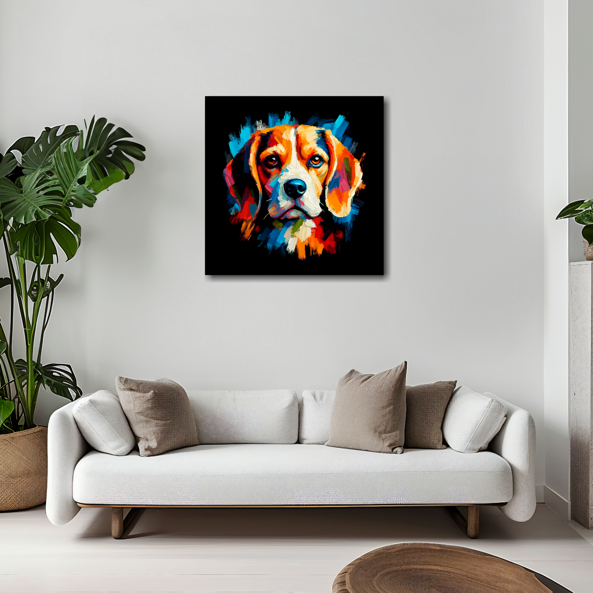 20 inch by 20 inch square canvas of a colourful Beagle head portrait on a black background. Mounted on a white wall above a white sofa with decorative pillows.