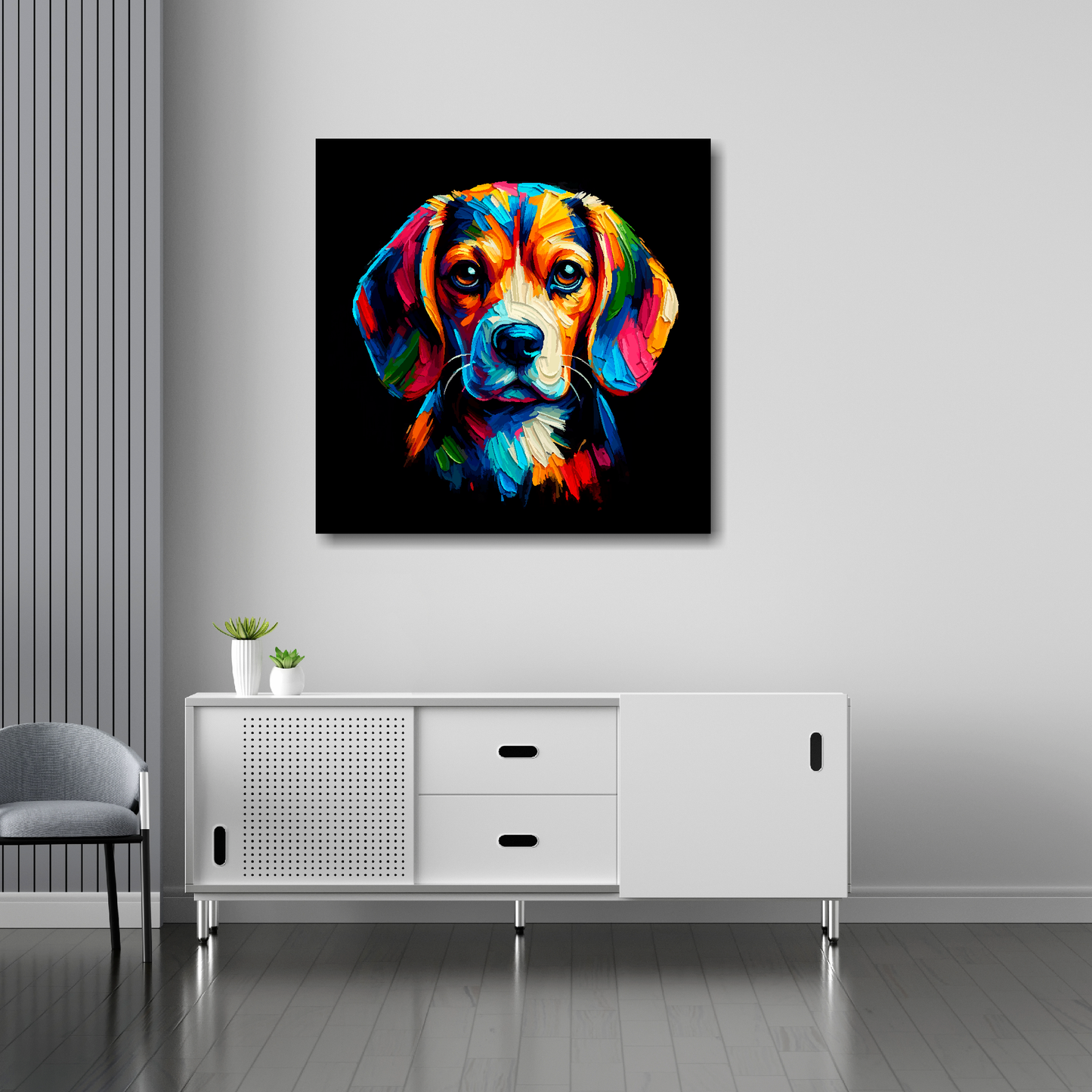 30 inch by 30 inch square canvas featuring a multi-coloured Beagle dog portrait. Mounted on a white wall above a white sideboard.