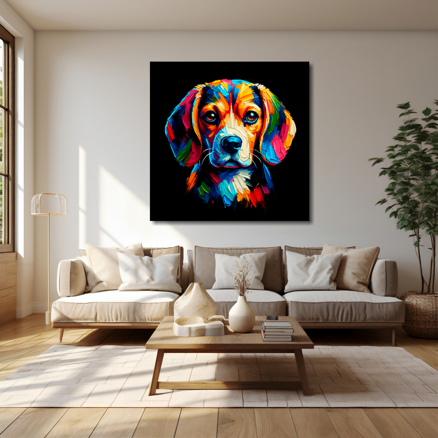 40 inch by 40 inch square canvas featuring a multi-coloured Beagle dog portrait. Mounted on a cream wall above a cream sofa with decorative pillows.