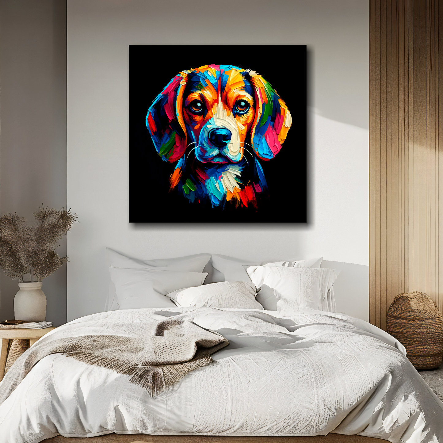 Large canvas featuring a multi-coloured Beagle dog portrait. Mounted on a white wall above a double bed.