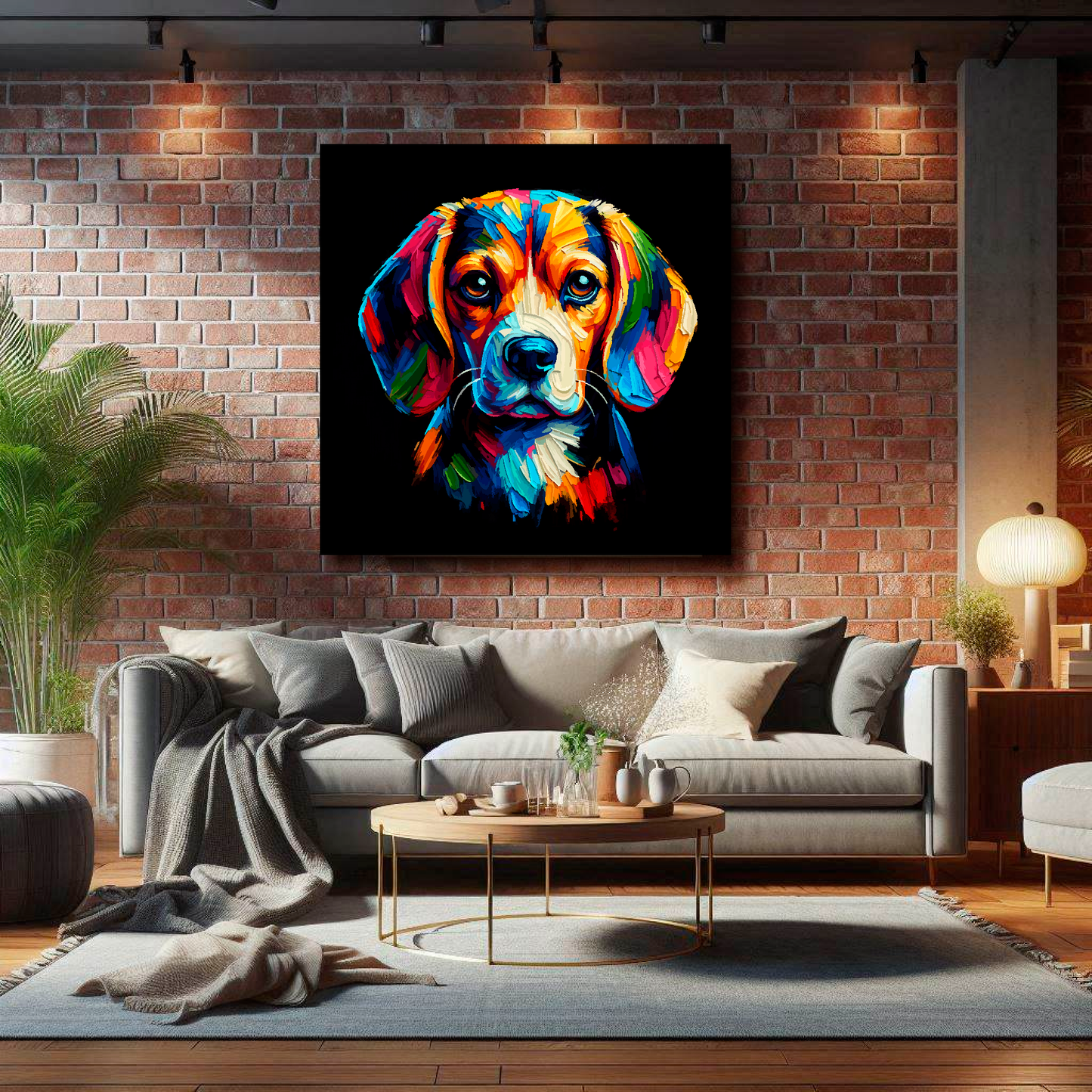 XL canvas featuring a multi-coloured Beagle dog portrait. Mounted on a brick wall above a grey sofa with decorative pillows.