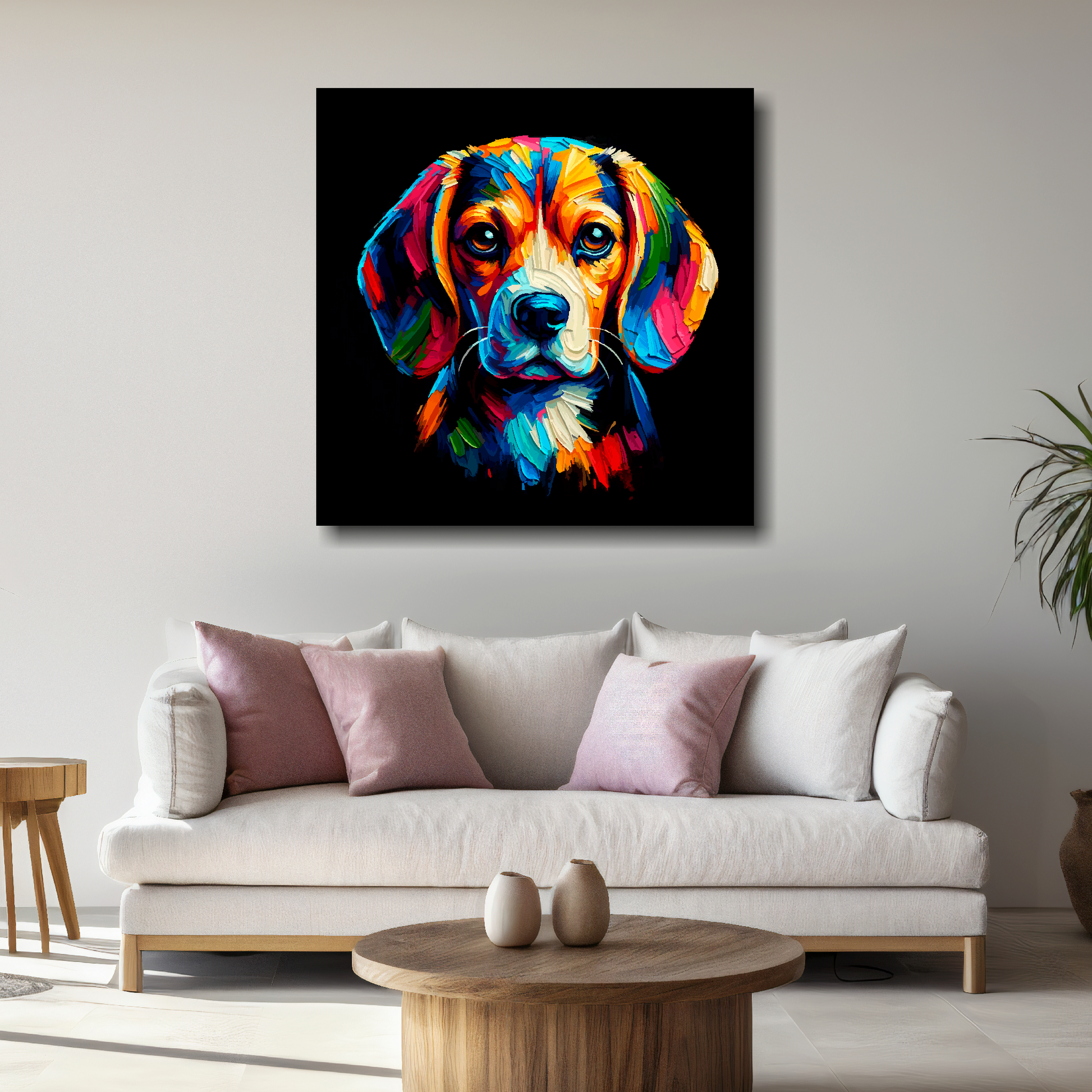 Large canvas featuring a multi-coloured Beagle dog portrait. Mounted on a white wall above a white sofa with decorative pillows.