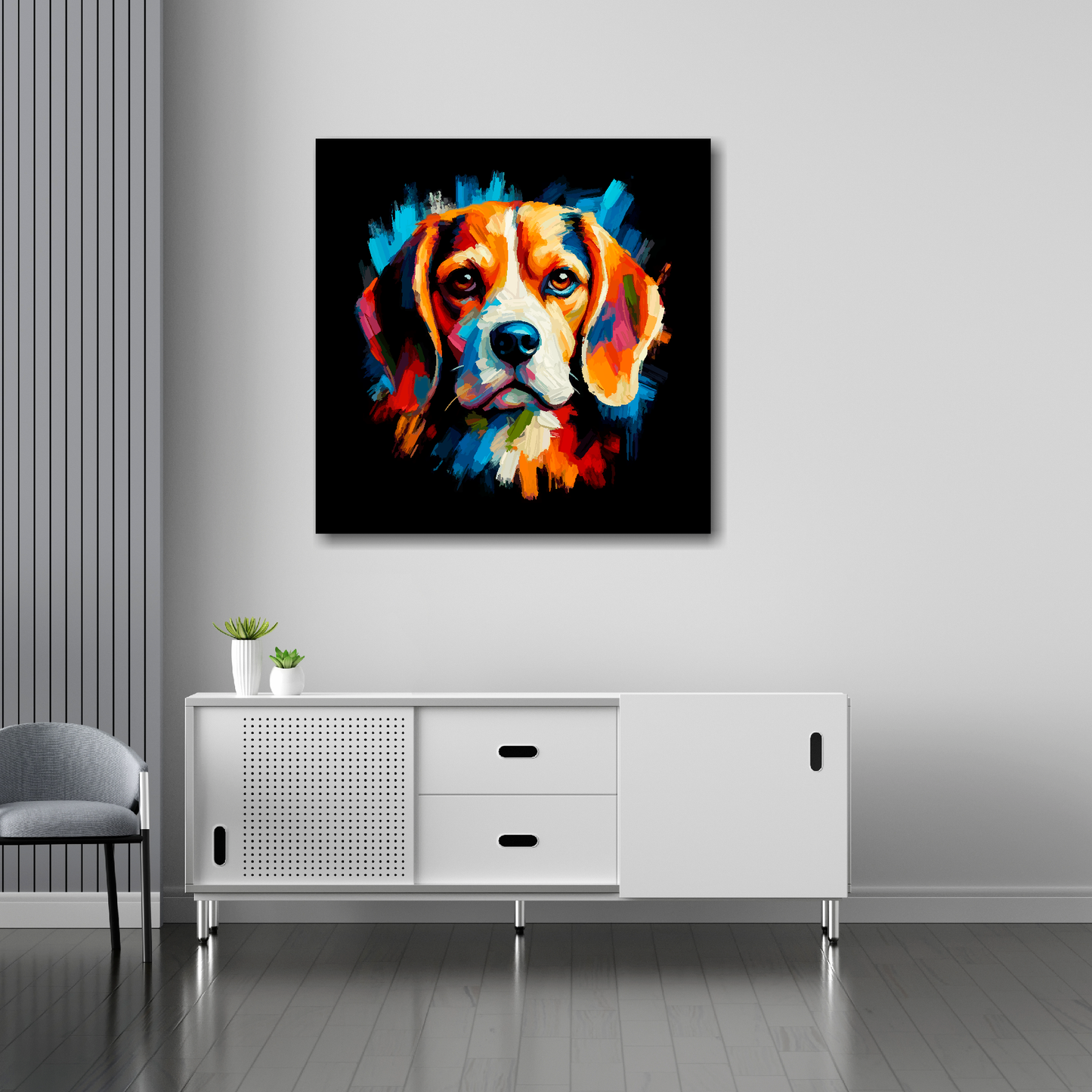 30 inch by 30 inch square canvas of a colourful Beagle head portrait on a black background. Mounted on a white wall above a white sideboard.