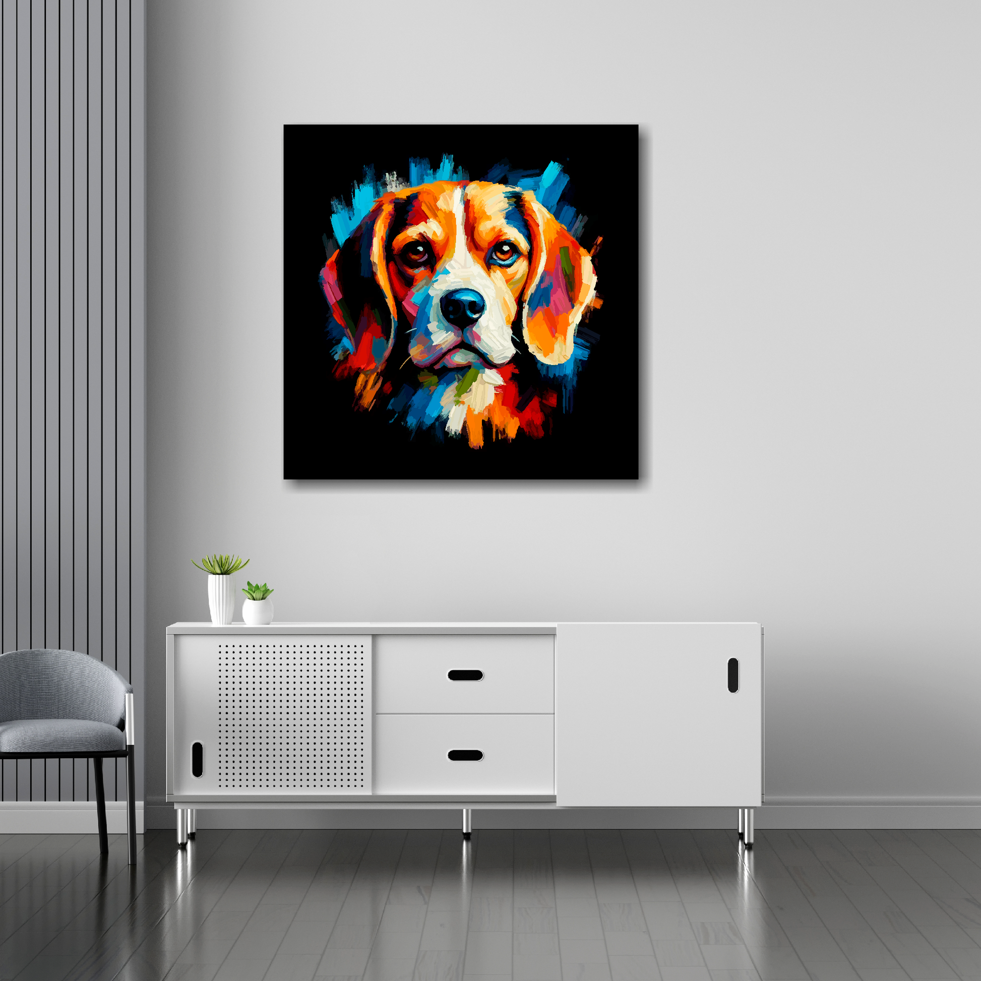 Beagle canvas 30x30 inches above sideboard - large colourful dog portrait UK made