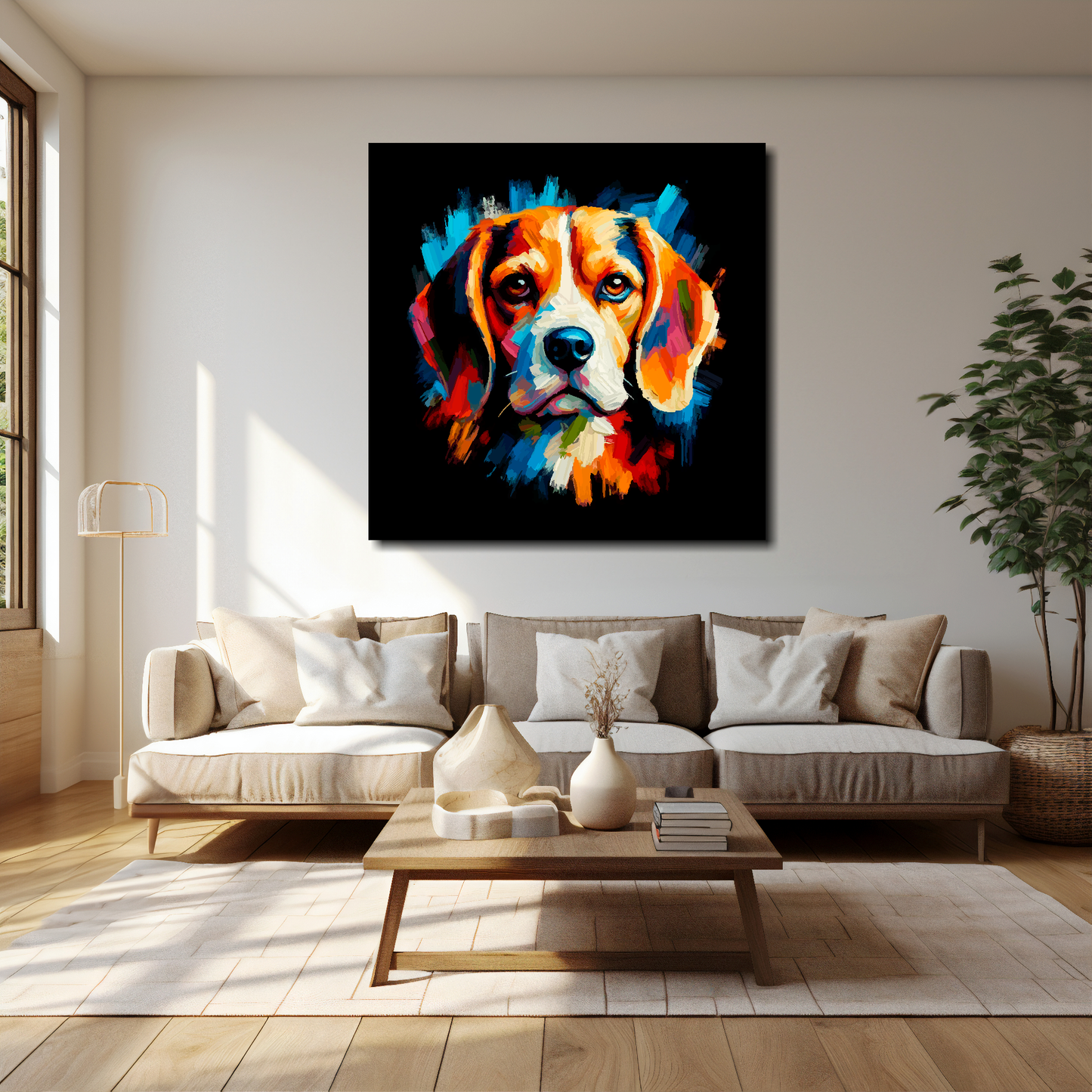40 inch by 40 inch square canvas of a colourful Beagle head portrait on a black background. Mounted on a white wall above a cream sofa with decorative pillows.