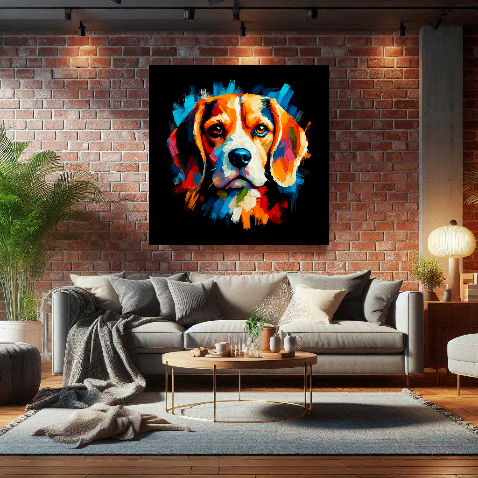 Large canvas wall art - A vibrant multi-coloured head portrait of a Beagle. Available in 3 large sizes.