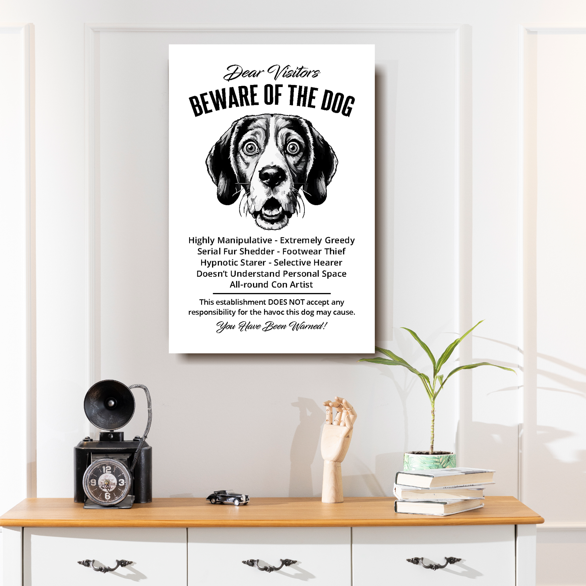 A funny Beagle 'Beware of the Dog' disclaimer notice. Black text and dog image on a white background. Mounted on a white wall above a set of drawers.