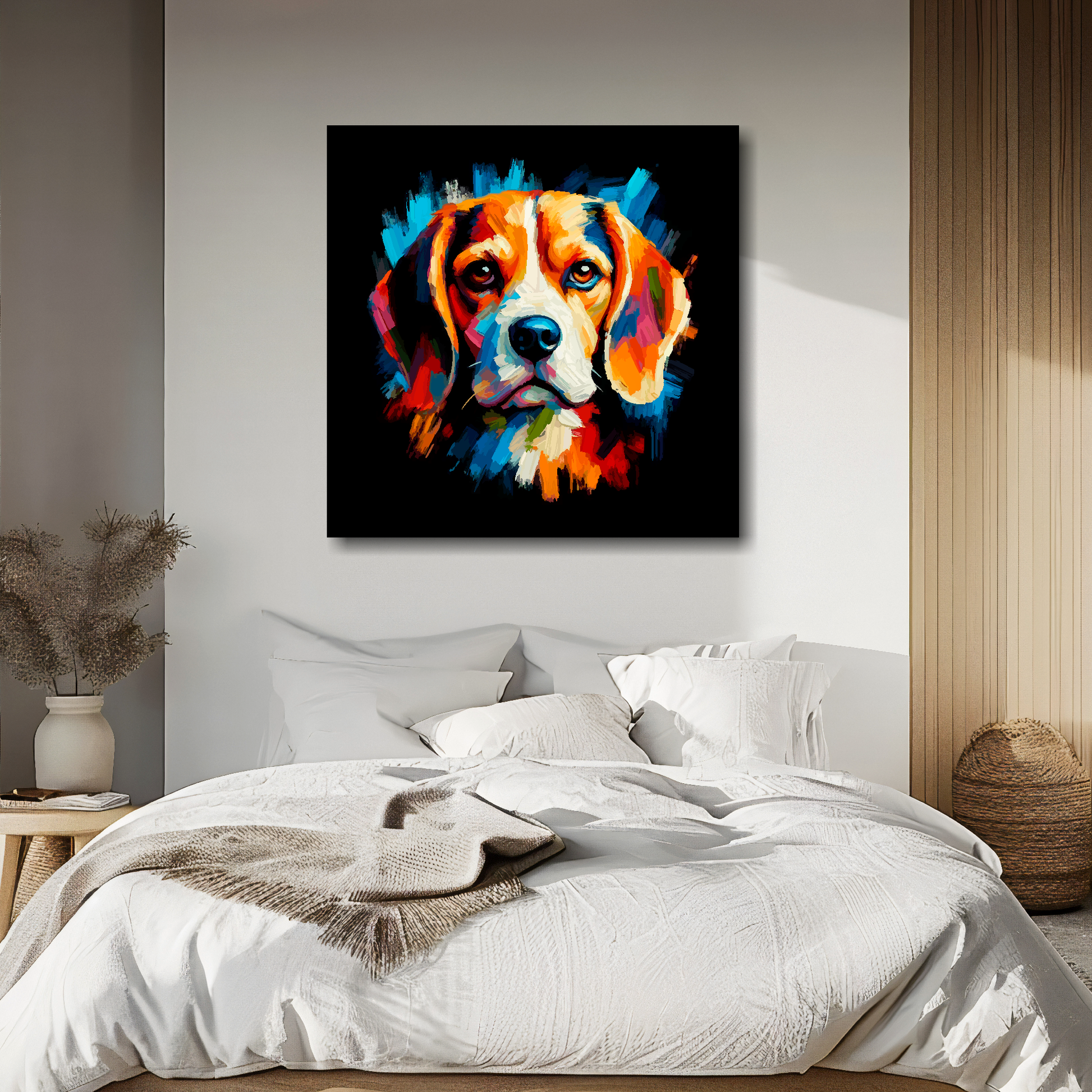 Large canvas wall art - A vibrant multi-coloured head portrait of a Beagle. Available in 3 large sizes.