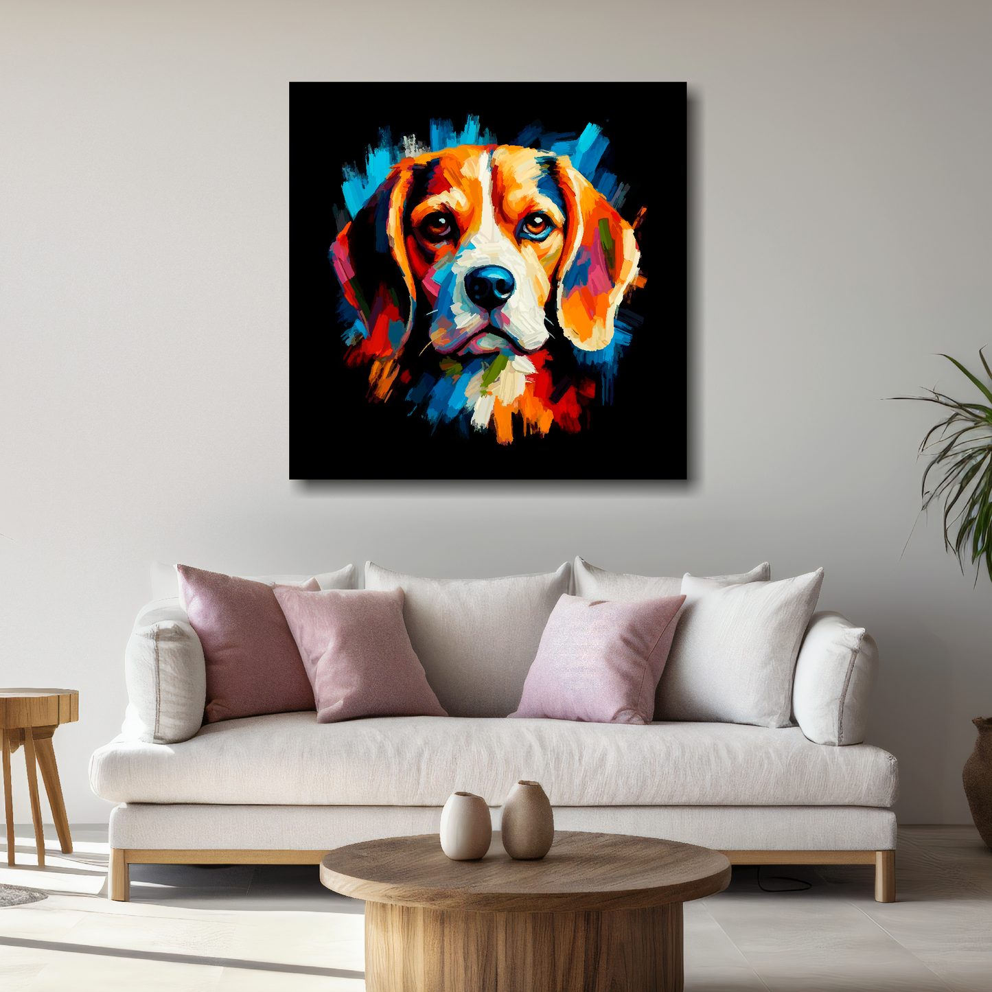 Large canvas wall art - A vibrant multi-coloured head portrait of a Beagle. Available in 3 large sizes.