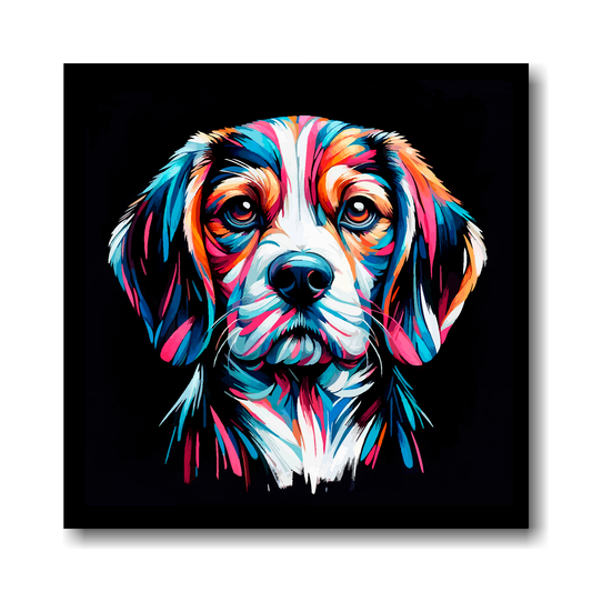Colourful abstract painting of a Beaglier dog's face on a black background.