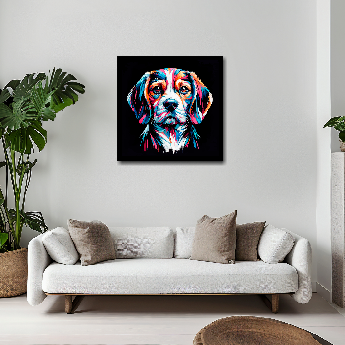 20 inch by 20 inch canvas print featuring a multi-coloured Beaglier dog portrait. Mounted on a white wall above a white sofa with decorative pillows.
