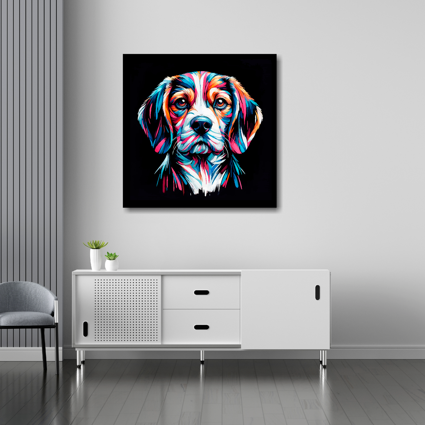 30 inch by 30 inch canvas print featuring a multi-coloured Beaglier dog portrait. Mounted on a white wall above a white sideboard.