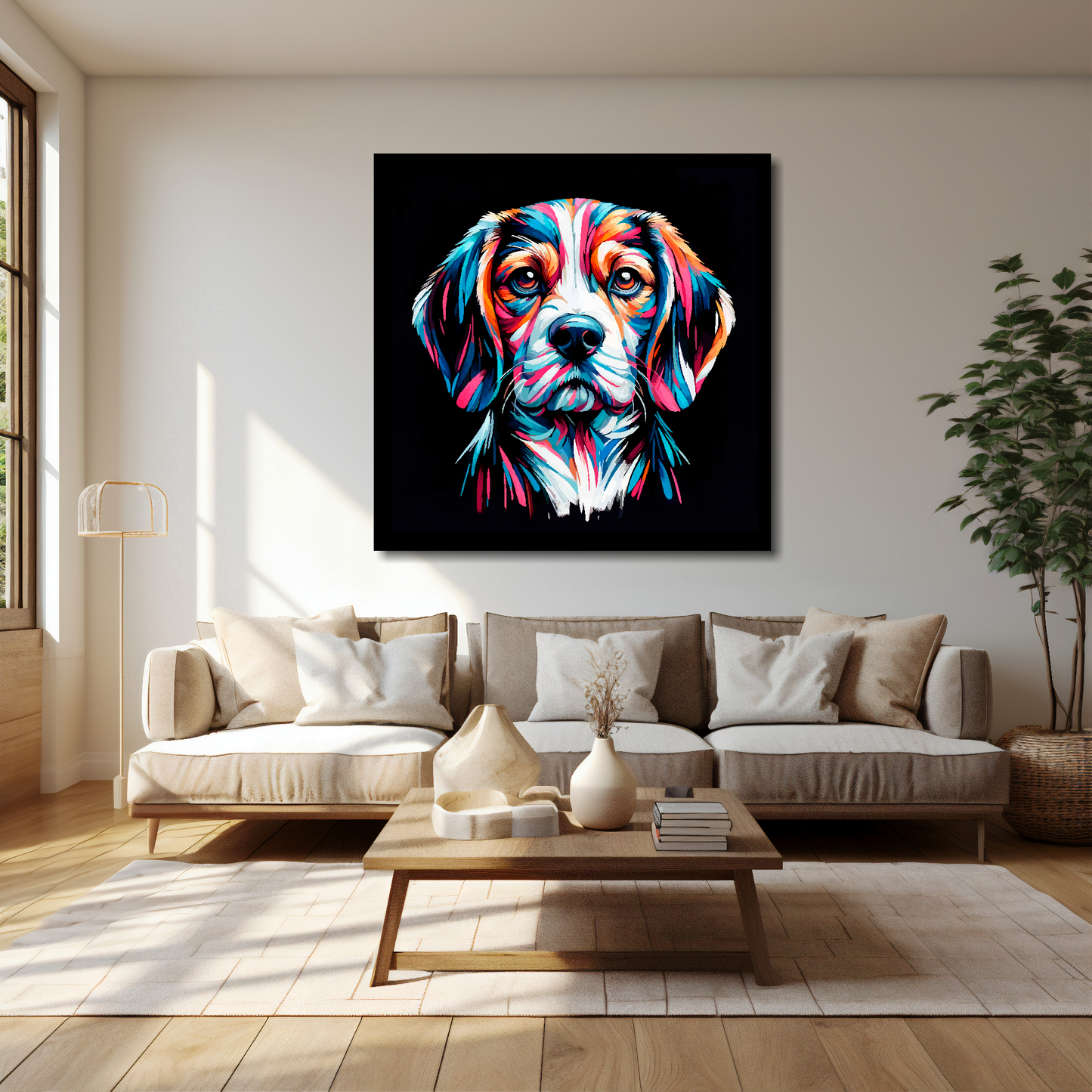 40 inch by 40 inch canvas print featuring a multi-coloured Beaglier dog portrait. Mounted on a cream wall above a cream sofa with decorative pillows.
