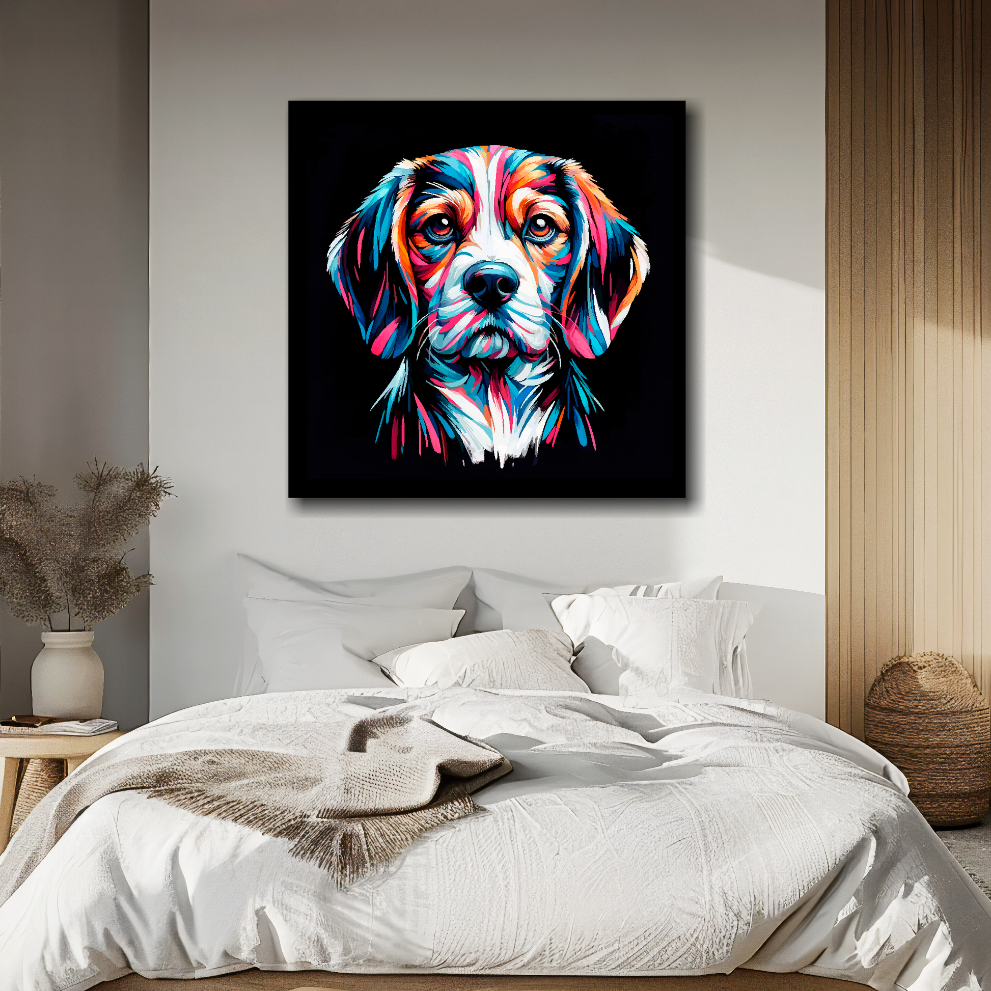Canvas print featuring a multi-coloured Beaglier dog portrait. Mounted on a white wall above a double bed.