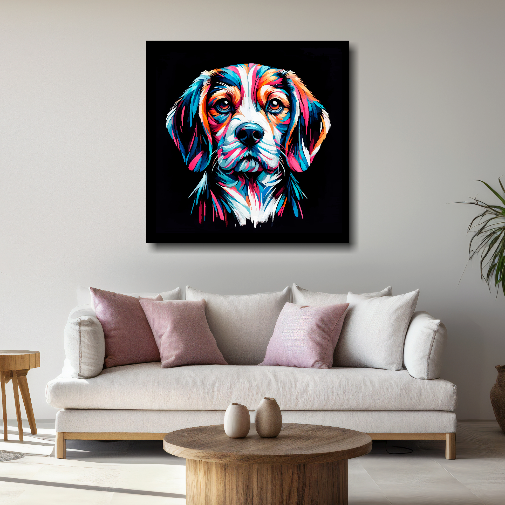 Large canvas print featuring a multi-coloured Beaglier dog portrait. Mounted on a white wall above a white sofa with decorative pillows.