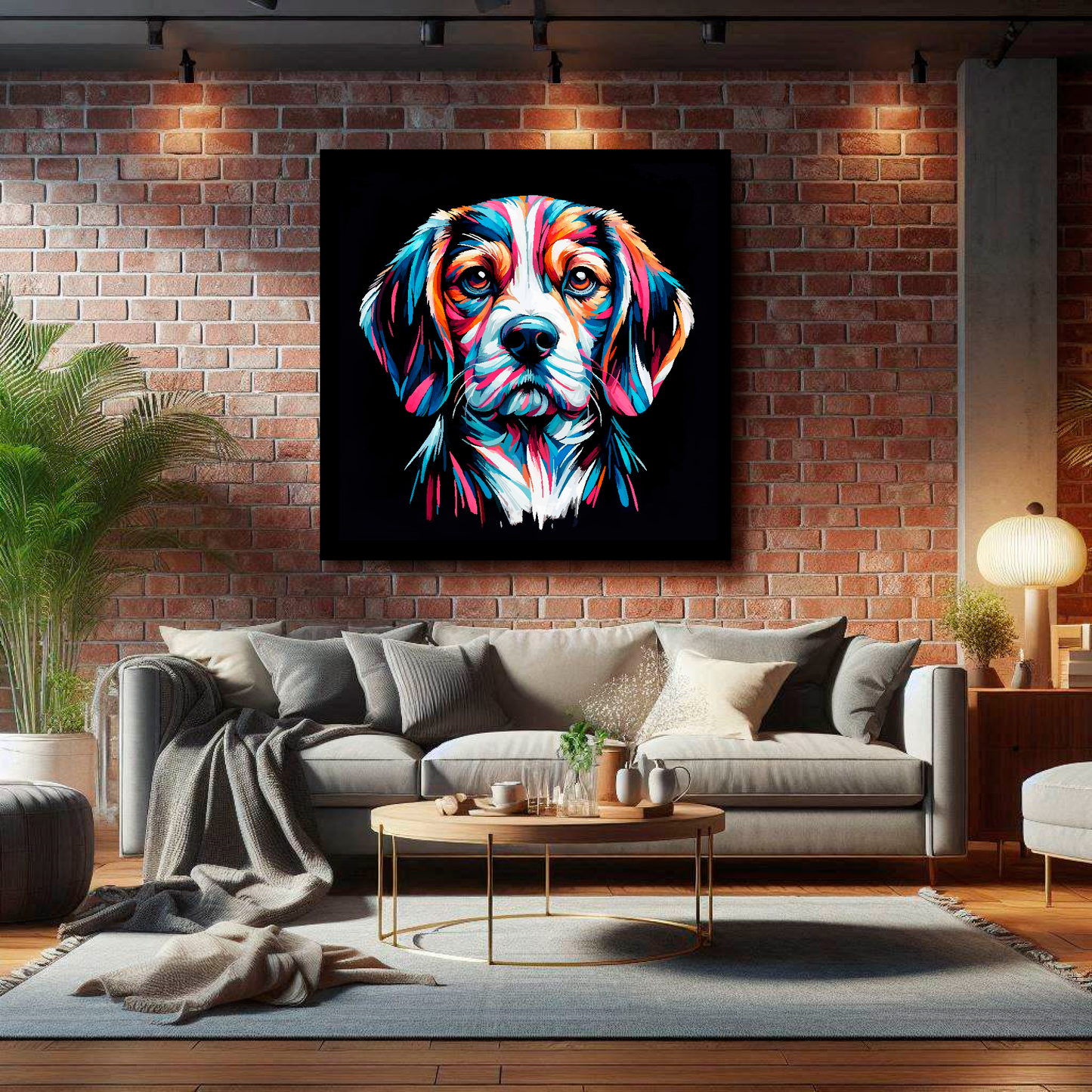 XL canvas print featuring a multi-coloured Beaglier dog portrait. Mounted on a lounge brick wall above a grey sofa with decorative pillows.