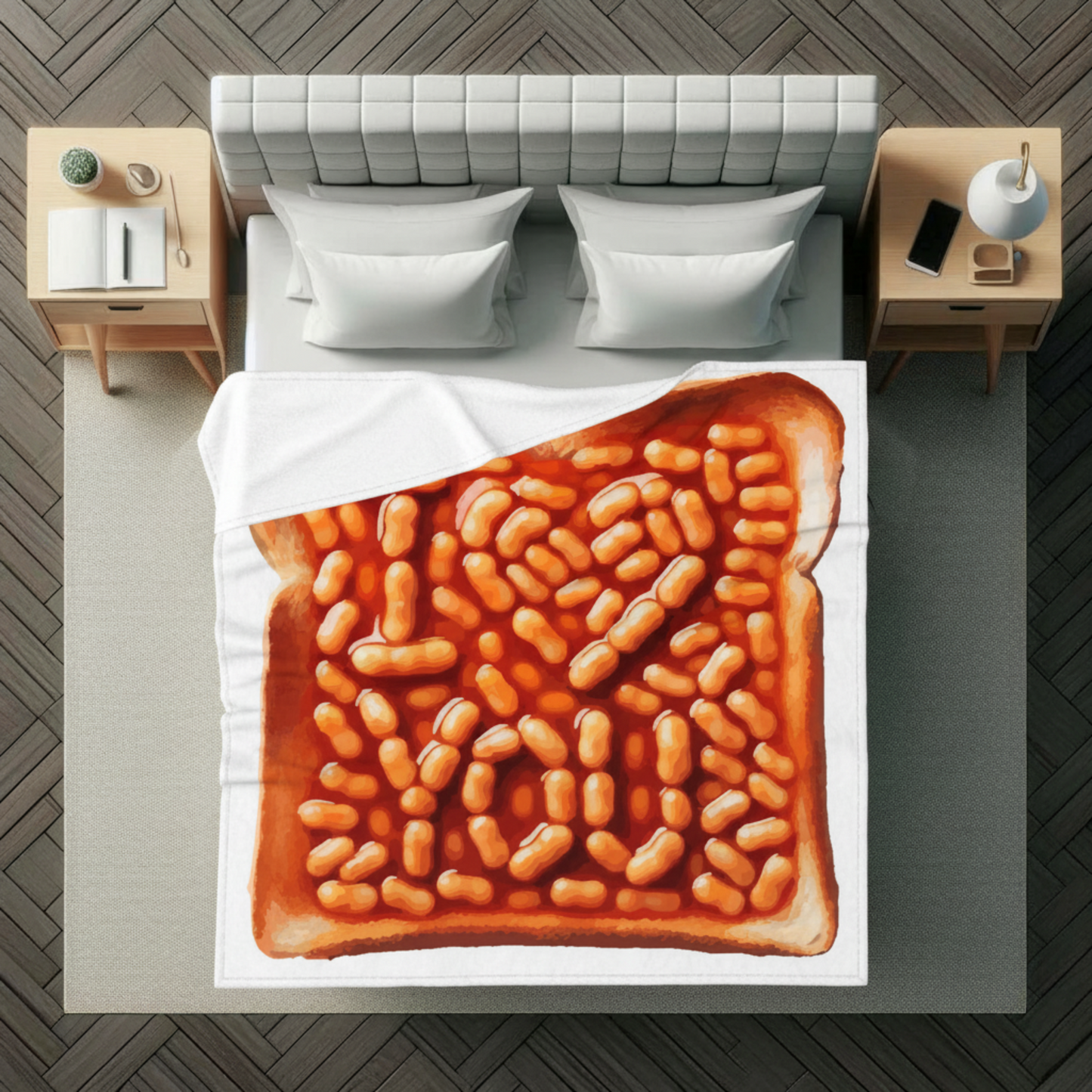 Quirky beans on toast fleece blanket - fun British comfort food design with romantic message