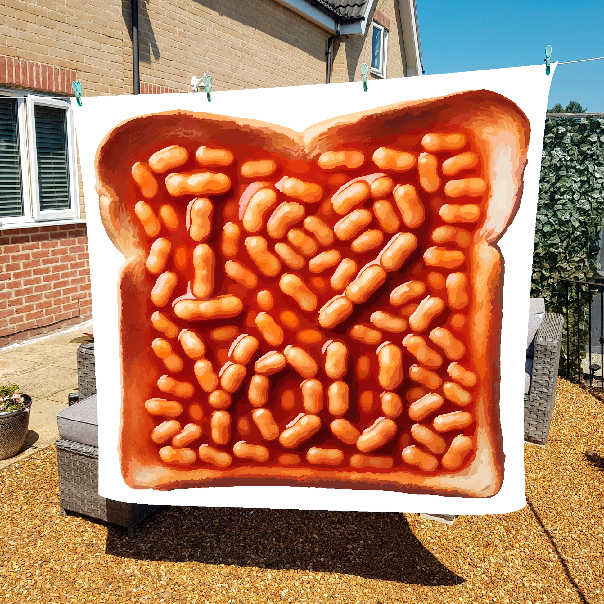 Beans on toast blanket on washing line - showing vibrant design and quality UK made fleece