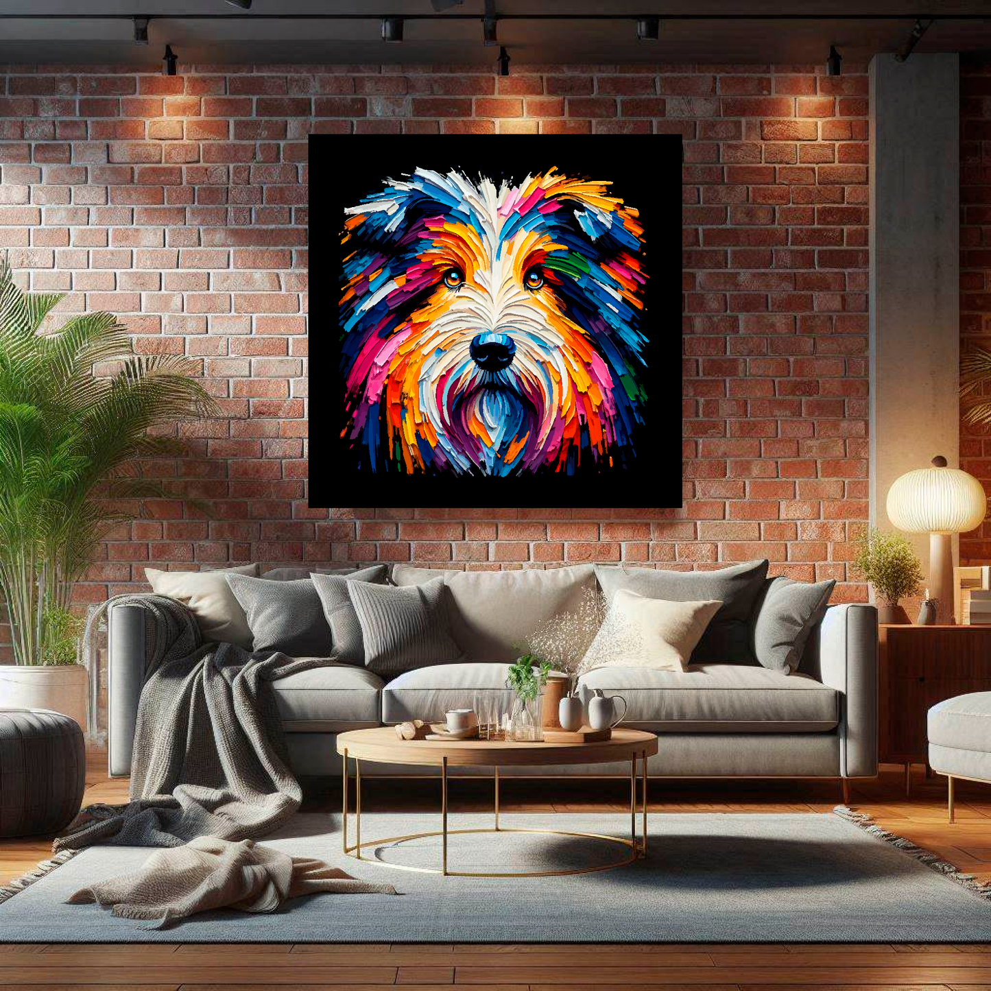 Large canvas wall art - A vibrant multi-coloured head portrait of a Bearded Collie. Available in 3 large sizes.
