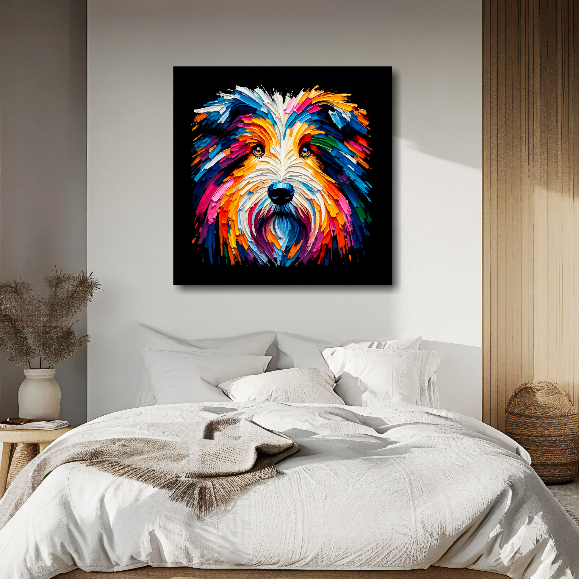Large canvas wall art - A vibrant multi-coloured head portrait of a Bearded Collie. Available in 3 large sizes.