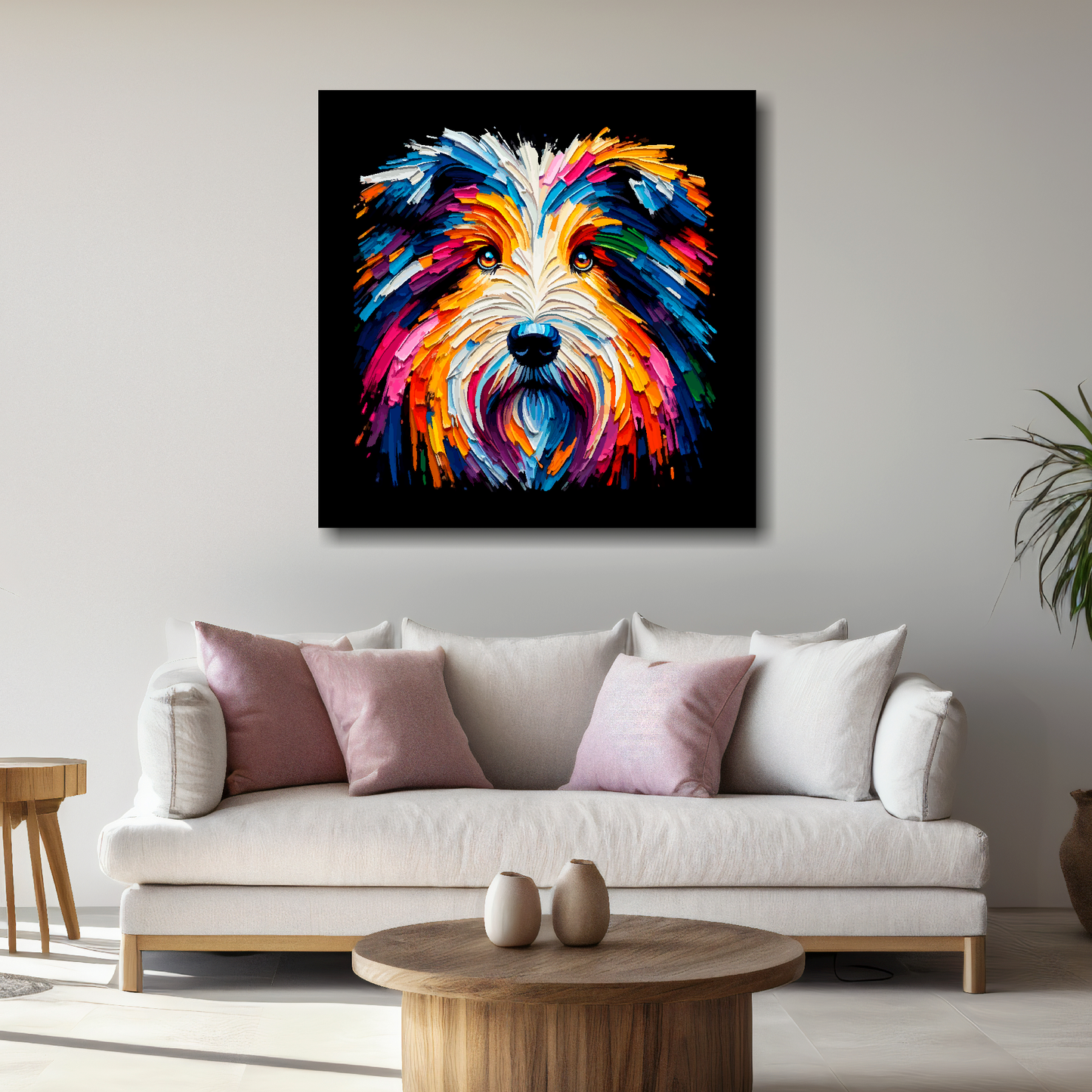 Large canvas wall art - A vibrant multi-coloured head portrait of a Bearded Collie. Available in 3 large sizes.