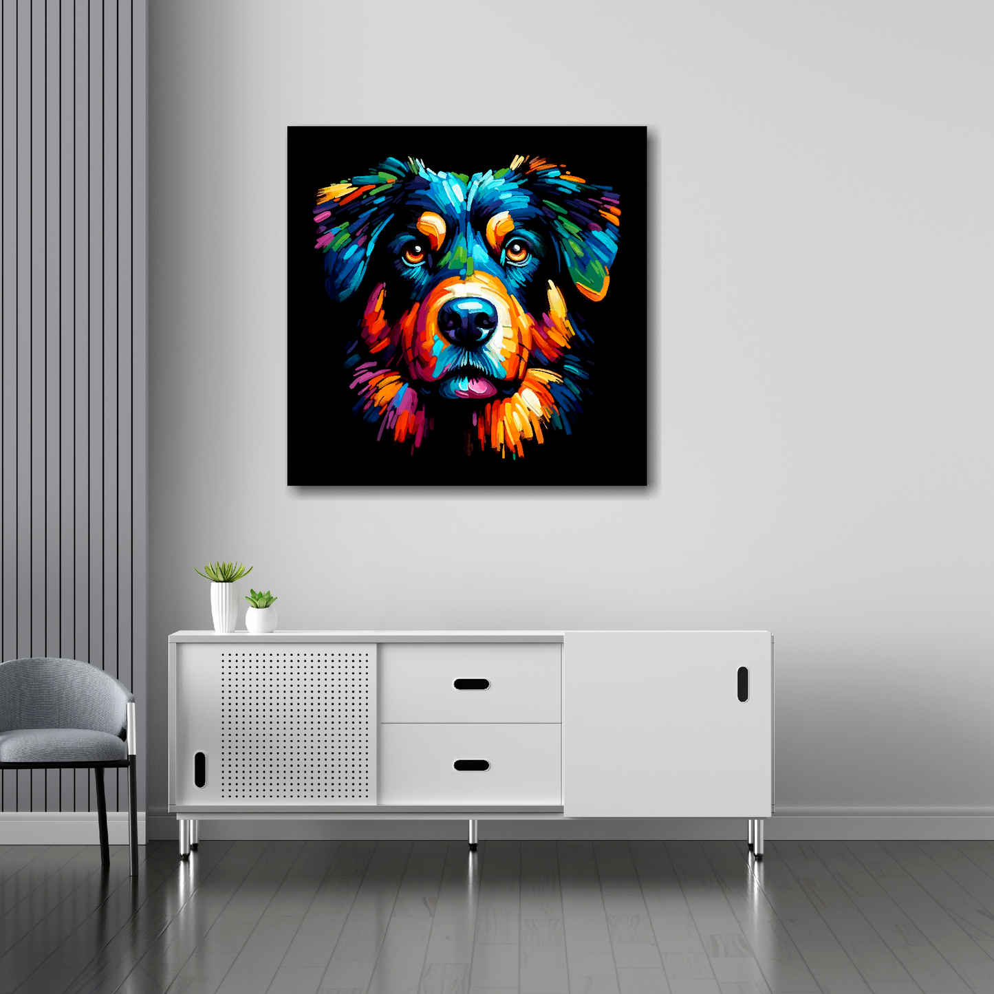 30 inch by 30 inch square canvas of a colourful Beauceron head portrait on a black background. Mounted on a white wall above a white sideboard.