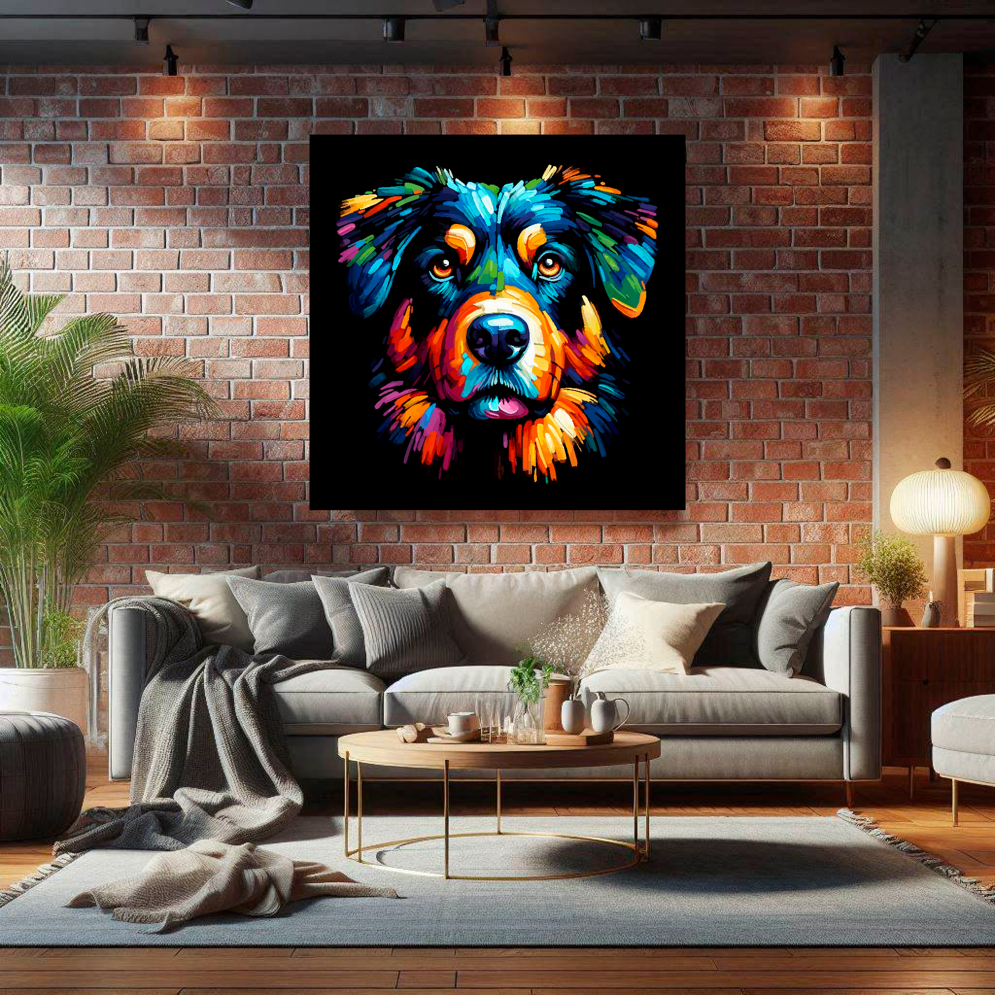 Large canvas wall art - A vibrant multi-coloured head portrait of a Beauceron. Available in 3 large sizes.