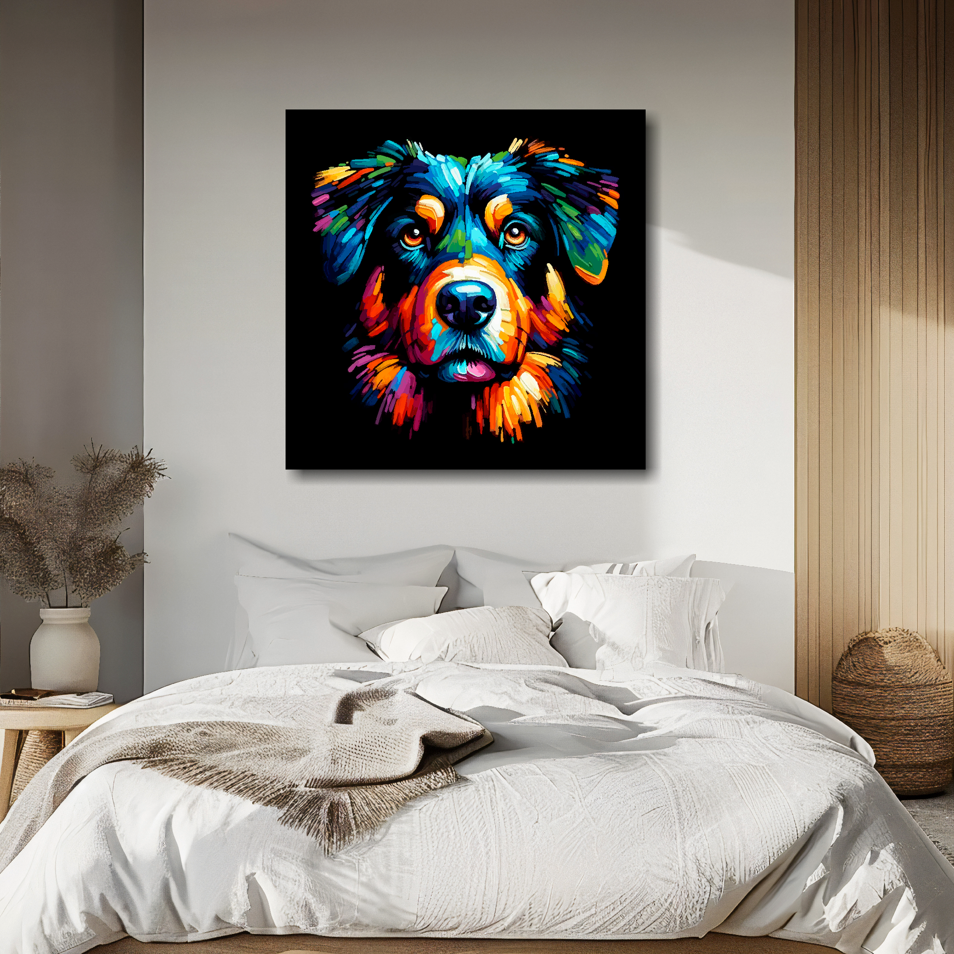 Large canvas wall art - A vibrant multi-coloured head portrait of a Beauceron. Available in 3 large sizes.