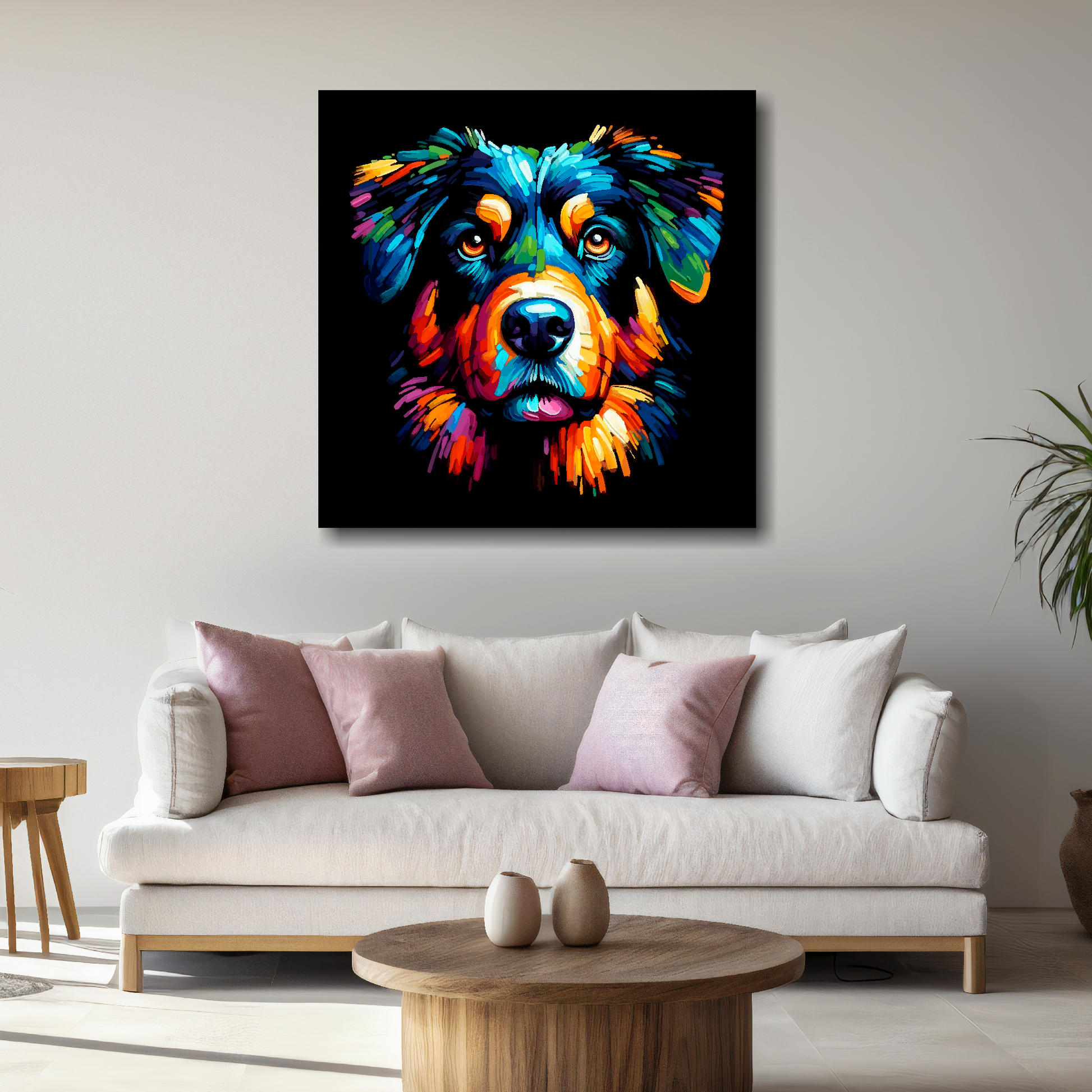 Large canvas wall art - A vibrant multi-coloured head portrait of a Beauceron. Available in 3 large sizes.