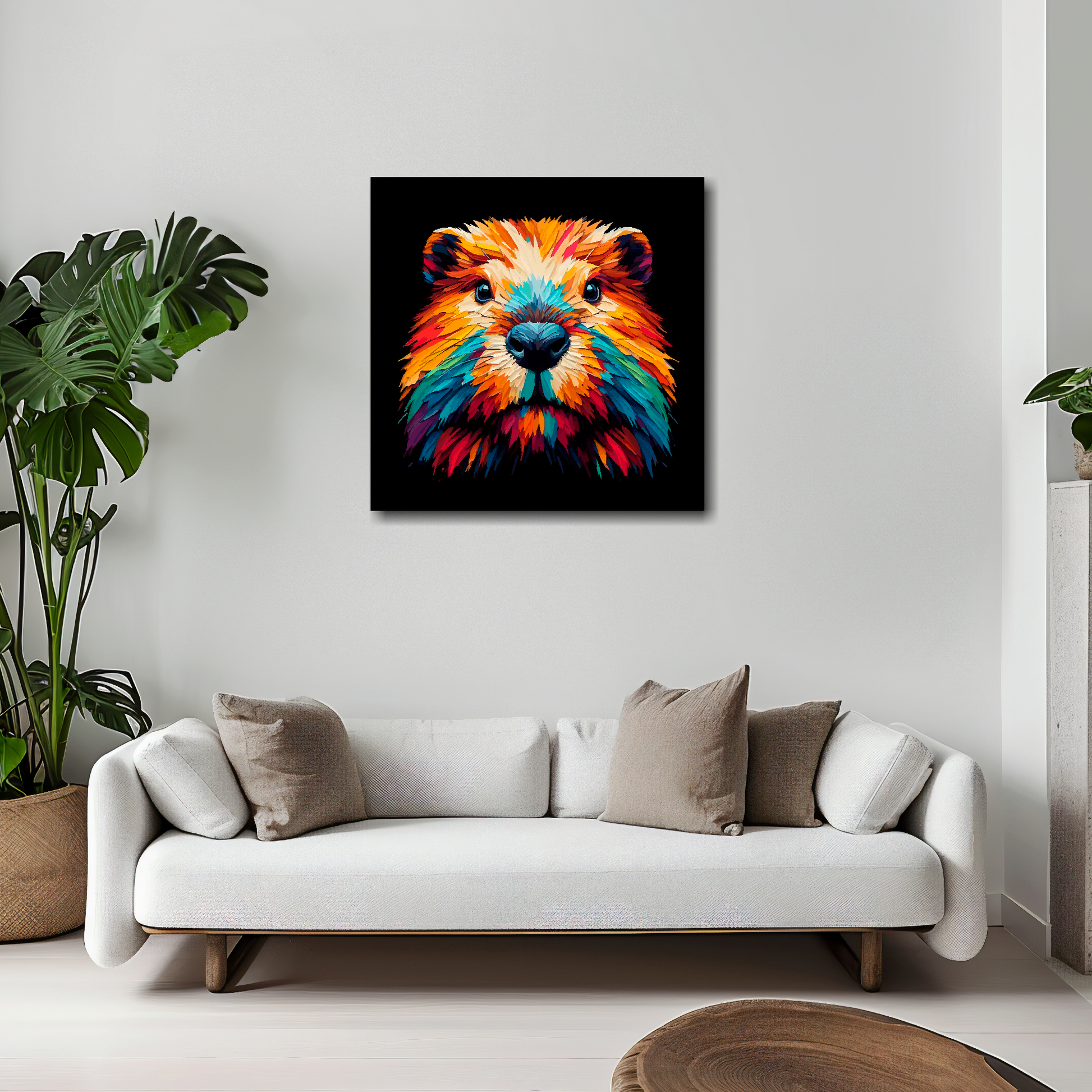20 inch by 20 inch square canvas of a colourful Beaver portrait on a black background. Mounted on a white wall above a white sofa with decorative pillows.