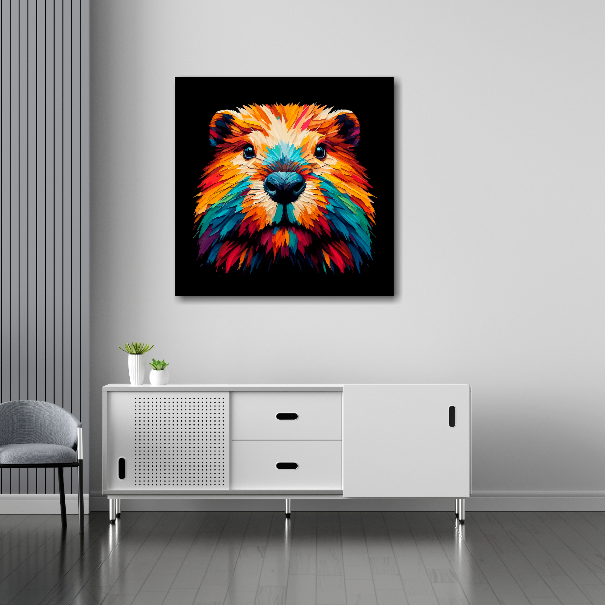 30 inch by 30 inch square canvas of a colourful Beaver portrait on a black background. Mounted on a white wall above a white sideboard.