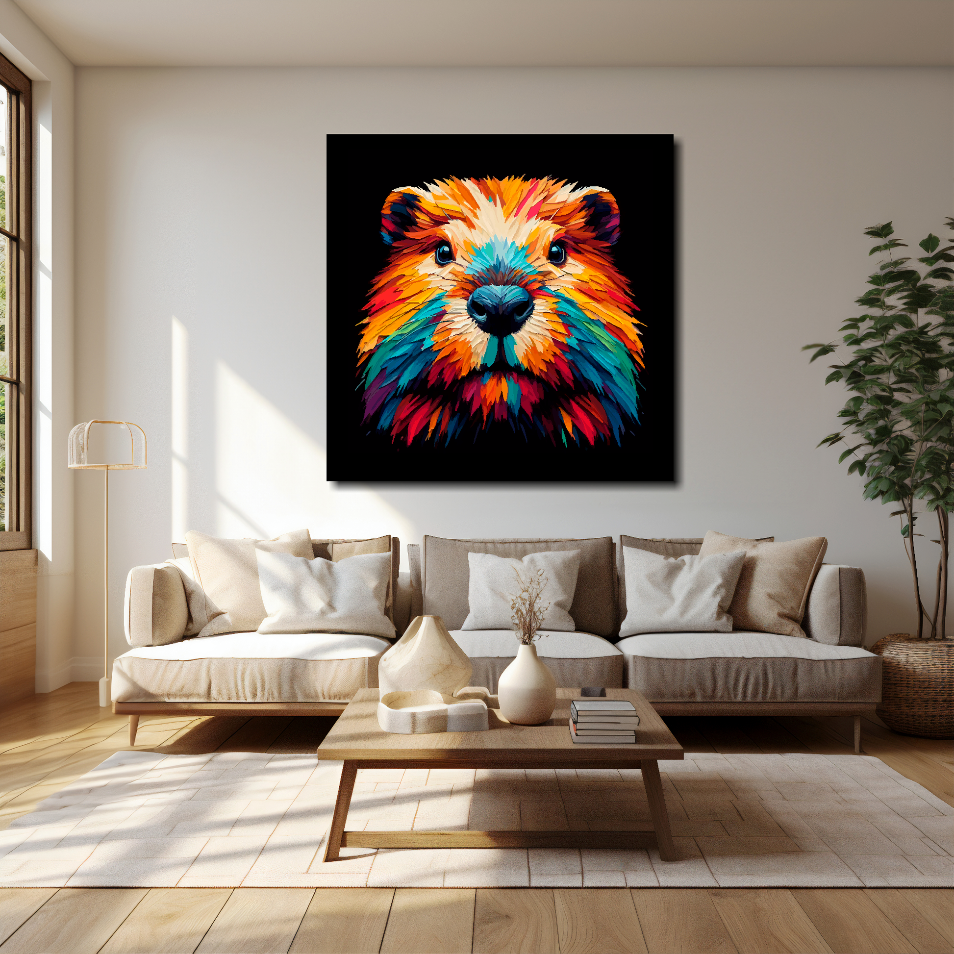 40 inch by 40 inch square canvas of a colourful Beaver portrait on a black background. Mounted on a white wall above a cream sofa with decorative pillows.