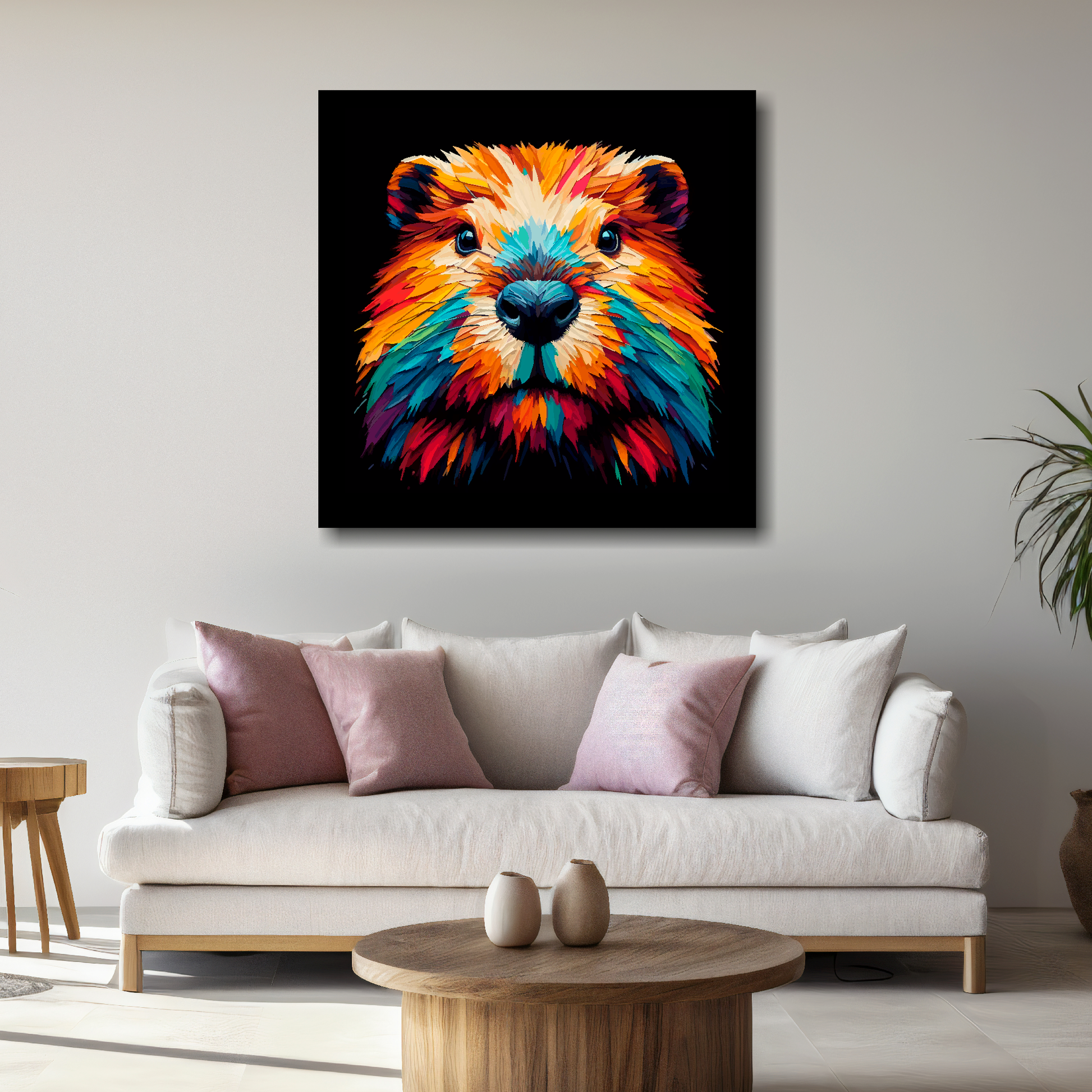 Large canvas wall art - A vibrant multi-coloured head portrait of a Beaver. Available in 3 large sizes.
