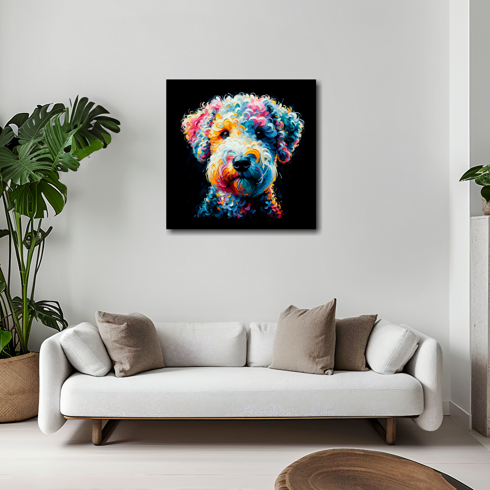 20 inch by 20 inch square canvas featuring a multi-coloured Bedlington Terrier dog portrait. Mounted on a white wall above a white sofa with decorative pillows.