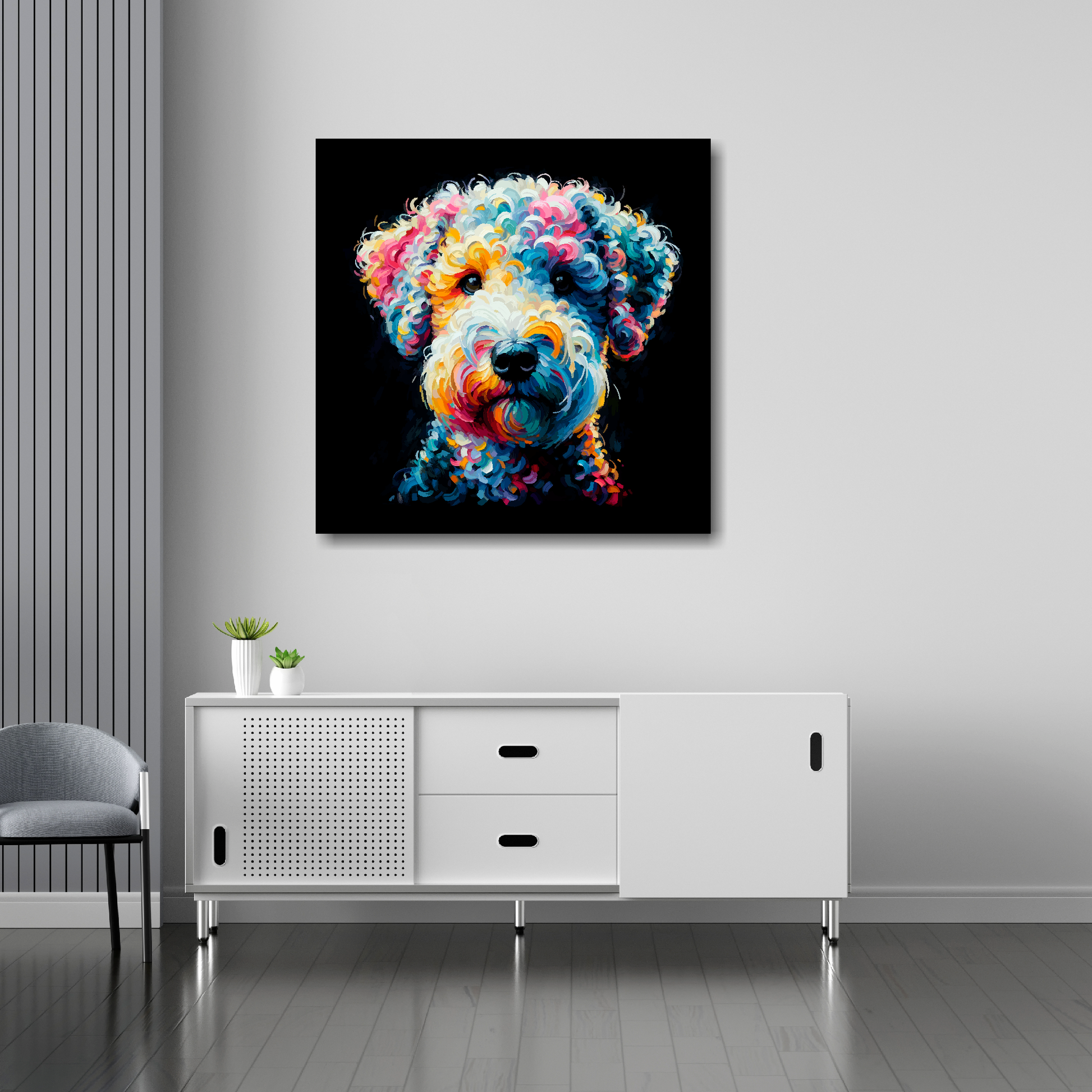 30 inch by 30 inch square canvas featuring a multi-coloured Bedlington Terrier dog portrait. Mounted on a white wall above a white sideboard.