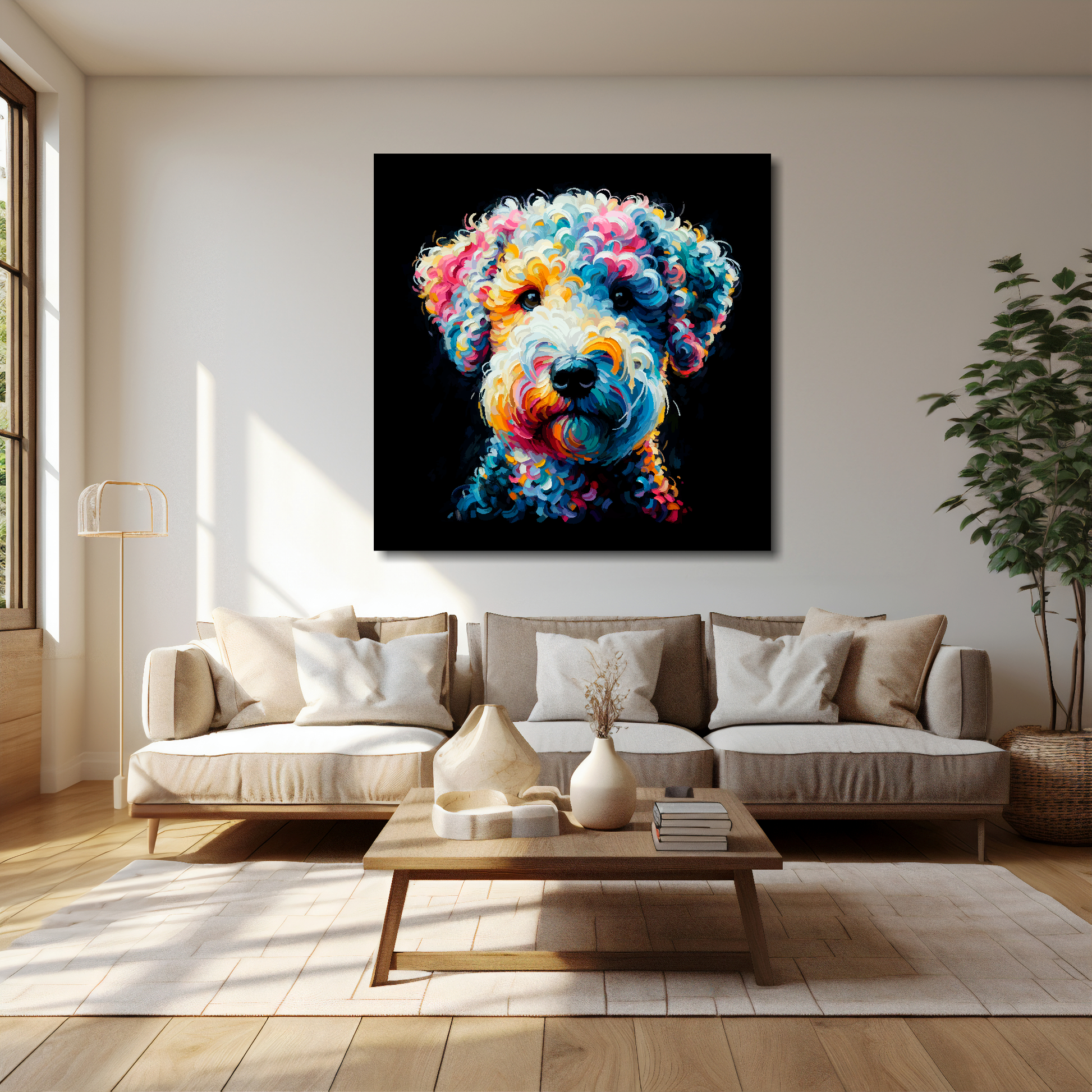 40 inch by 40 inch square canvas featuring a multi-coloured Bedlington Terrier dog portrait. Mounted on a cream wall above a cream sofa with decorative pillows.
