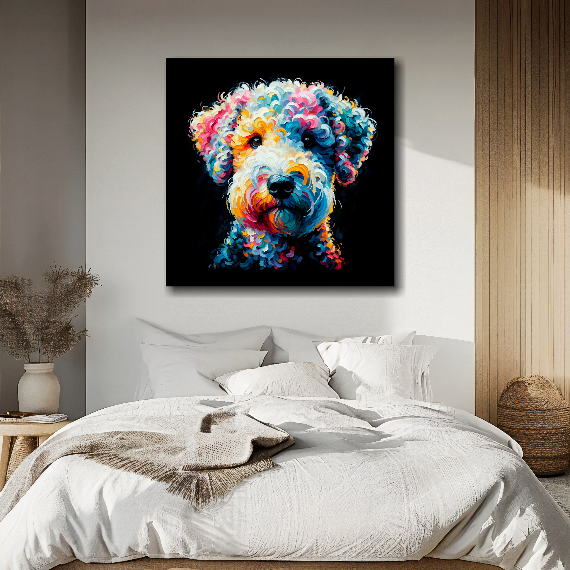 Square canvas featuring a multi-coloured Bedlington Terrier dog portrait. Mounted on a white wall above a double bed.