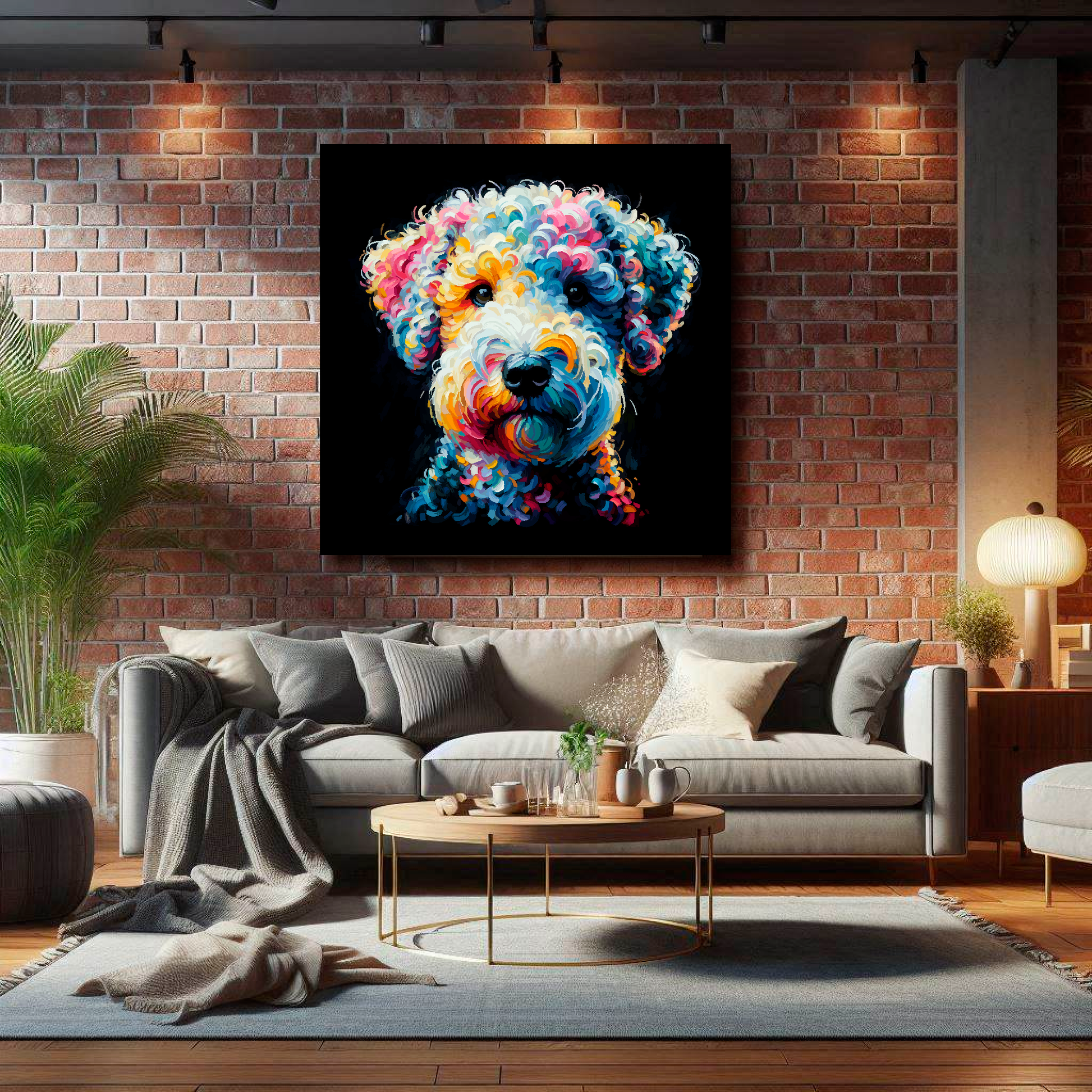 Large square canvas featuring a multi-coloured Bedlington Terrier dog portrait. Mounted on a brick wall above a gray sofa with decorative pillows.