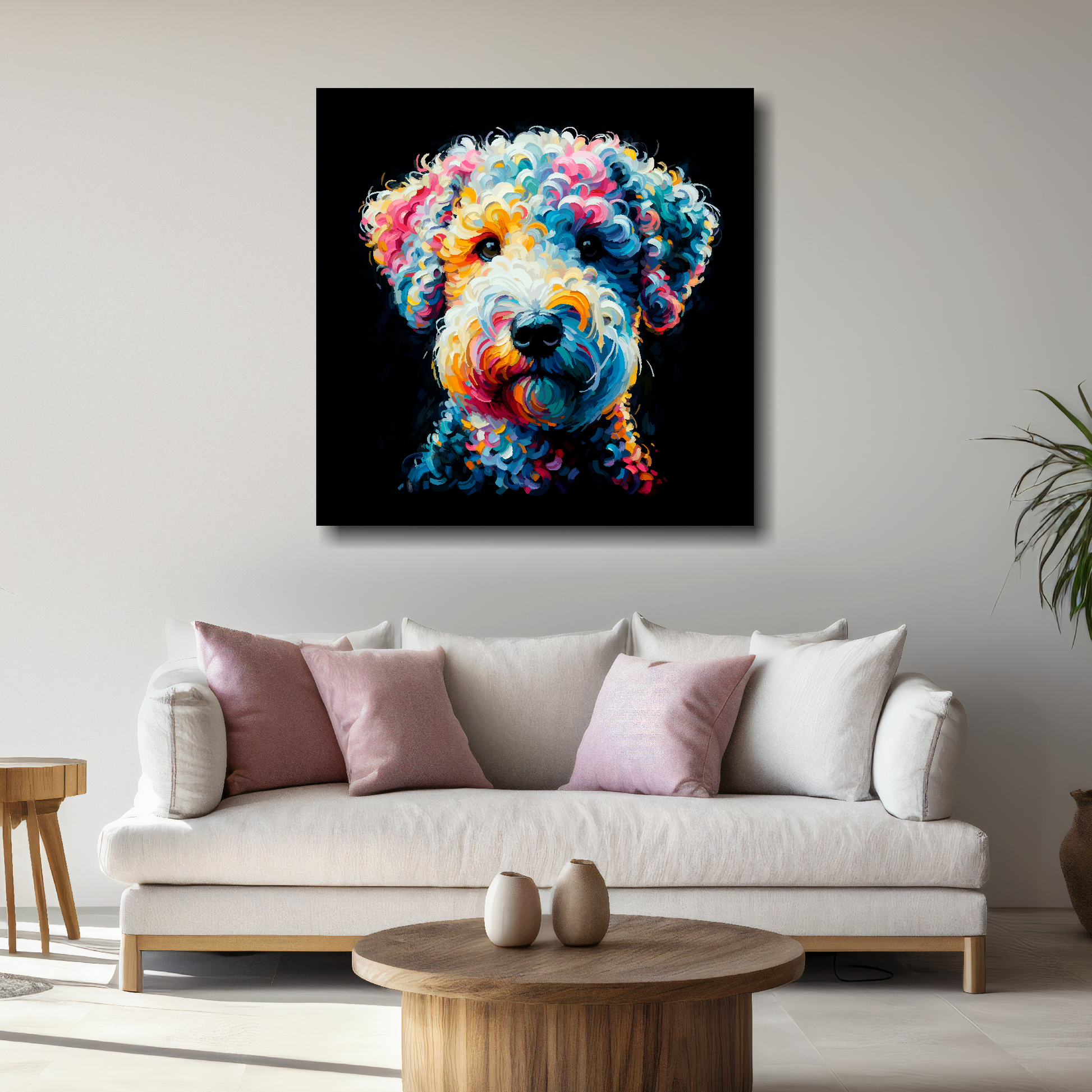 XL square canvas featuring a multi-coloured Bedlington Terrier dog portrait. Mounted on a white wall above a white sofa with decorative pillows.