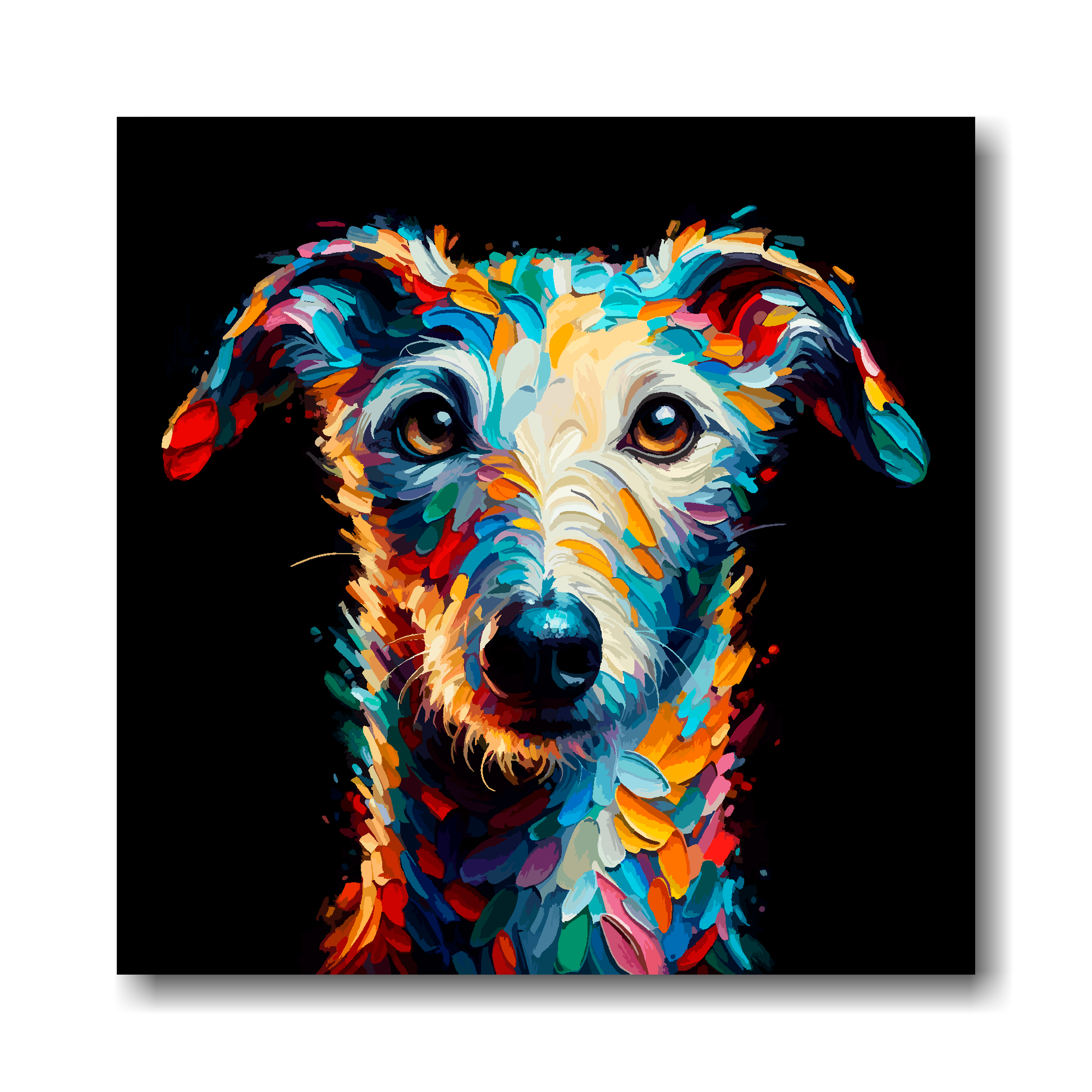 Colourful abstract painting of a Bedlington Whippet's face on a black background.