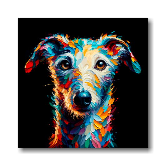 Colourful abstract painting of a Bedlington Whippet's face on a black background.