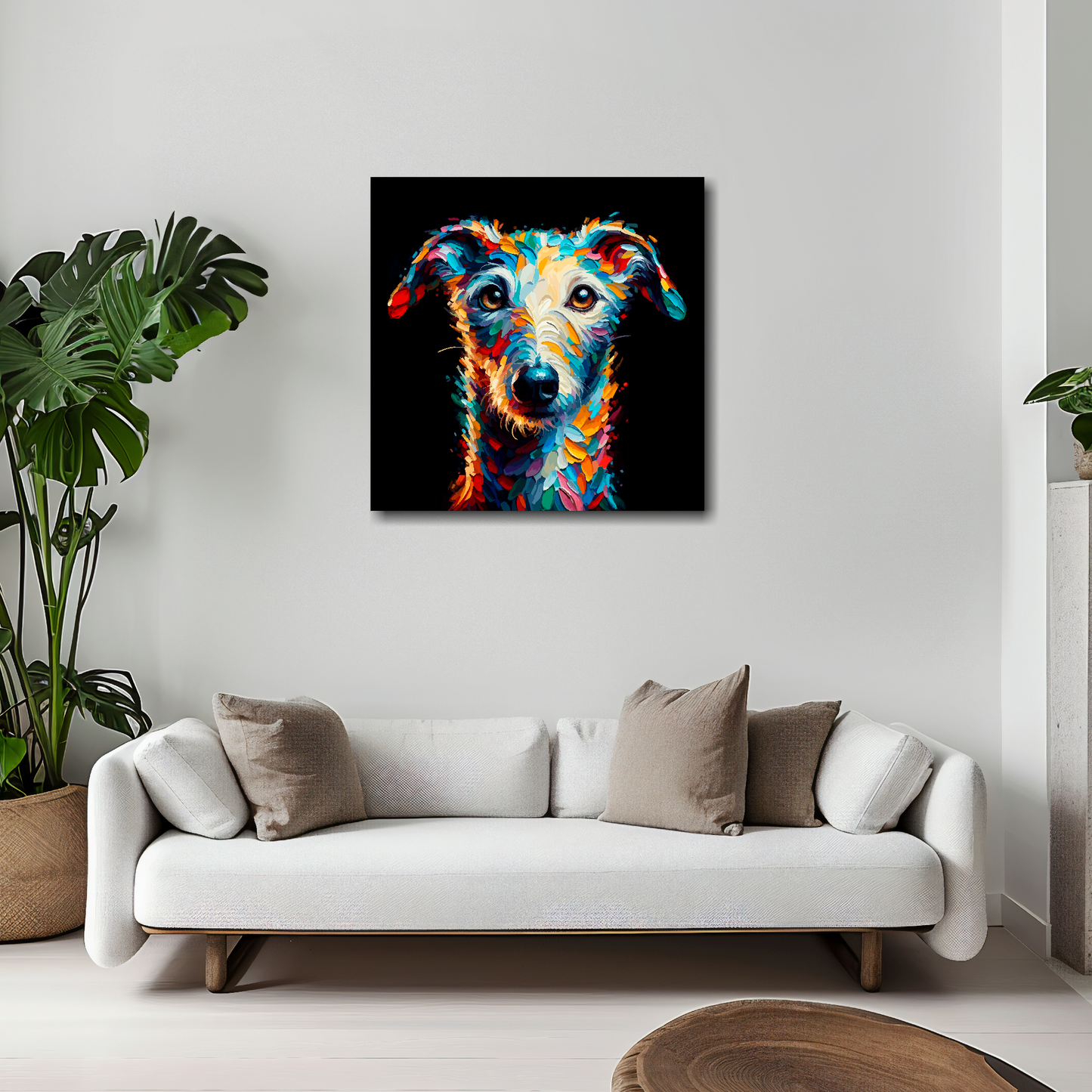 20 inch by 20 inch square canvas featuring a multi-coloured Bedlington Whippet dog portrait. Mounted on a white wall above a white sofa with decorative pillows.
