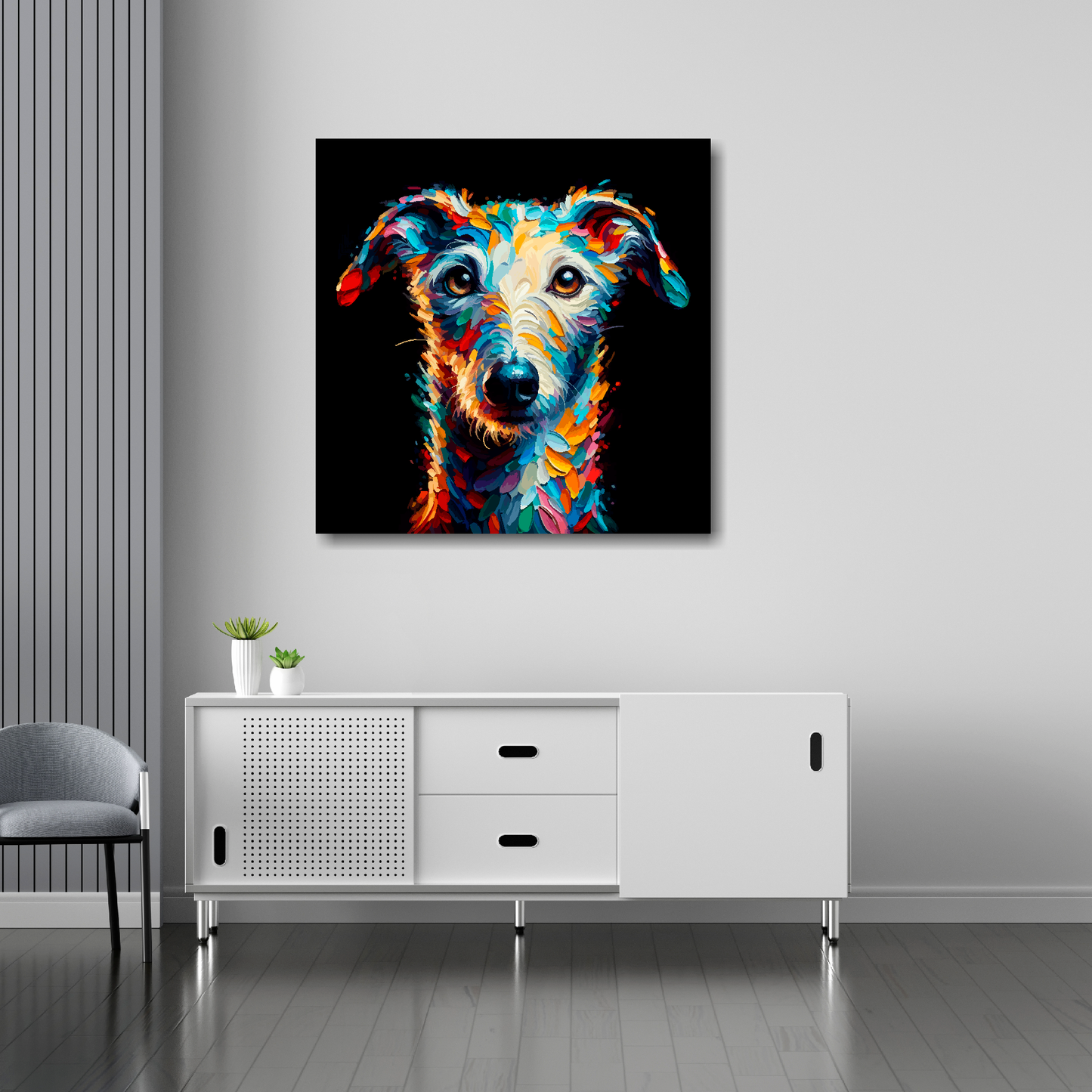 30 inch by 30 inch square canvas featuring a multi-coloured Bedlington Whippet dog portrait. Mounted on a white wall above a white sideboard.