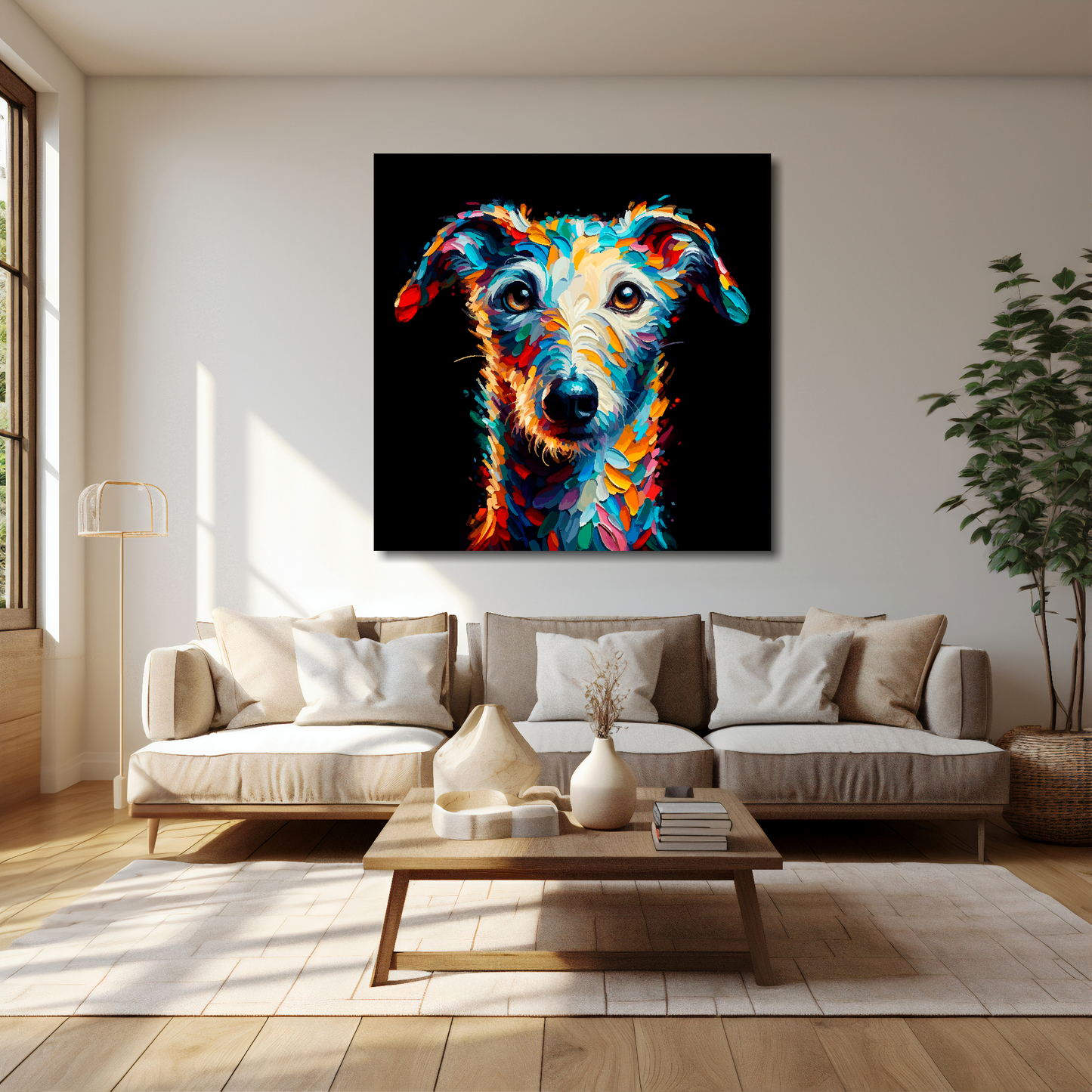 40 inch by 40 inch square canvas featuring a multi-coloured Bedlington Whippet dog portrait. Mounted on a cream wall above a cream sofa with decorative pillows.
