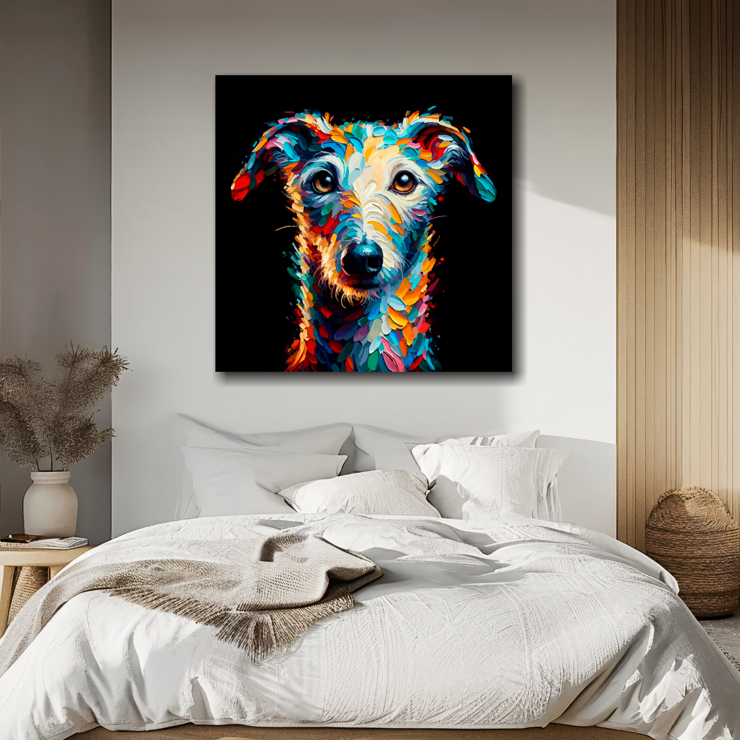 Large square canvas featuring a multi-coloured Bedlington Whippet dog portrait. Mounted on a white wall above a double bed.